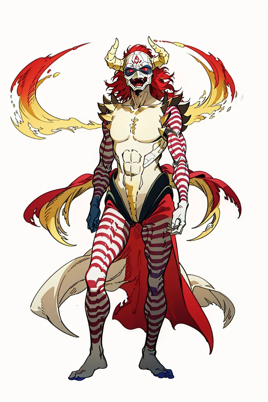 (masterpiece:1.3), (the best quality:1.2), (super fine illustrations:1.2), (Masterpiece), high quality, high detail,((white background:1.2)), looking at viewer, (SOLO:1.4),outline,,simple background,logo, red eyes, red hair,striped,horned helmet,horns,gloves,armor,spikes,full armor,helmet,mask,cover,gauntlets,shoulder armor,breastplate,monster, logo