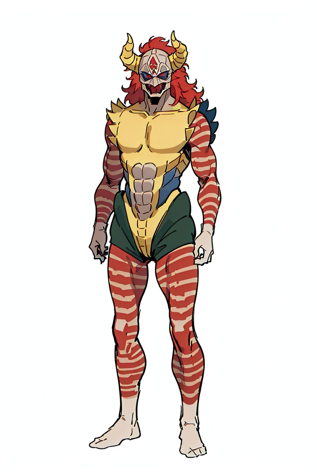 (masterpiece:1.3), (the best quality:1.2), (super fine illustrations:1.2), (Masterpiece), high quality, high detail,((white background:1.2)), looking at viewer, (SOLO:1.4),outline,,simple background,logo, red eyes, red hair,striped,horned helmet,horns,gloves,armor,spikes,full armor,helmet,mask,cover,gauntlets,shoulder armor,breastplate,monster, logo