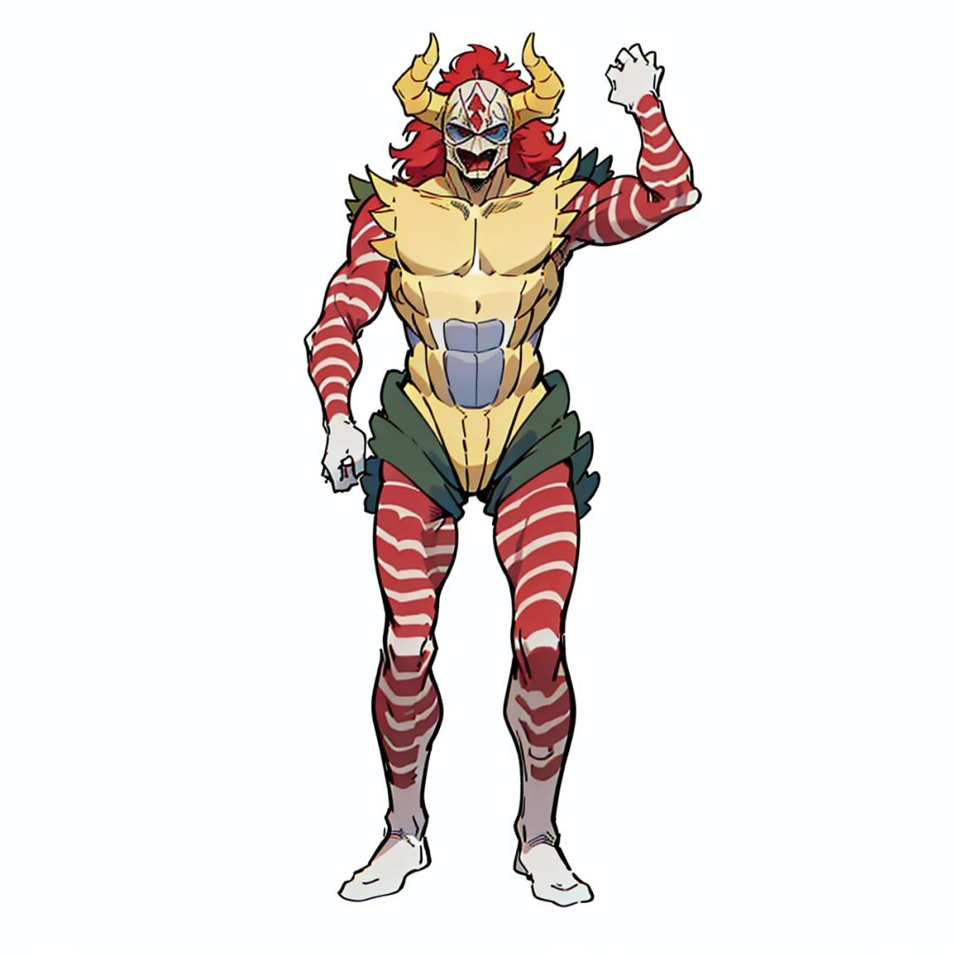(masterpiece:1.3), (the best quality:1.2), (super fine illustrations:1.2), (Masterpiece), high quality, high detail,((white background:1.2)), looking at viewer, (SOLO:1.4),outline,,simple background,logo, red eyes, red hair,striped,horned helmet,horns,gloves,armor,spikes,full armor,helmet,mask,cover,gauntlets,shoulder armor,breastplate,monster