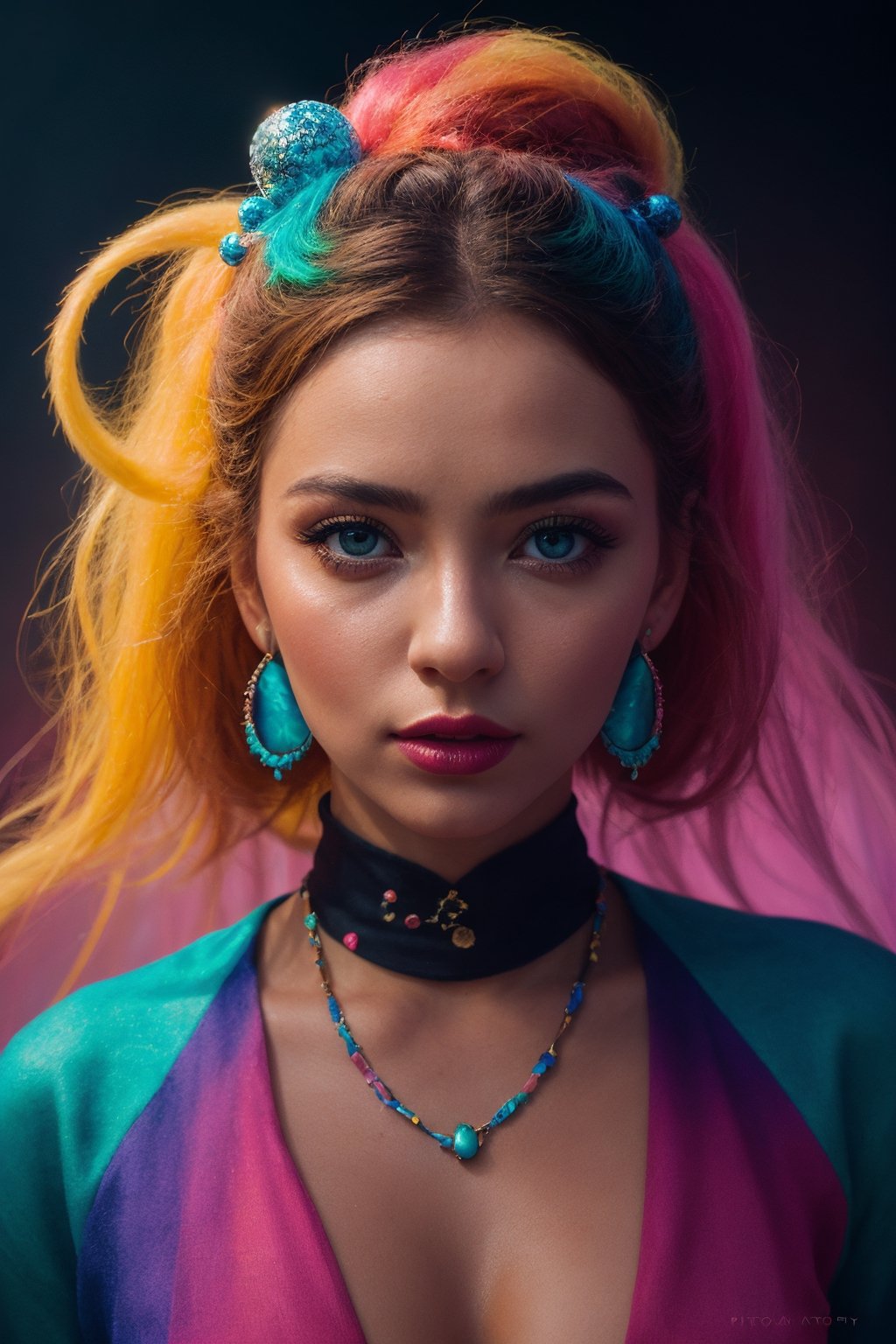 An extraordinary 8K photograph that transports a woman into a surreal,  dreamlike world of vibrant colors and dramatic lig...