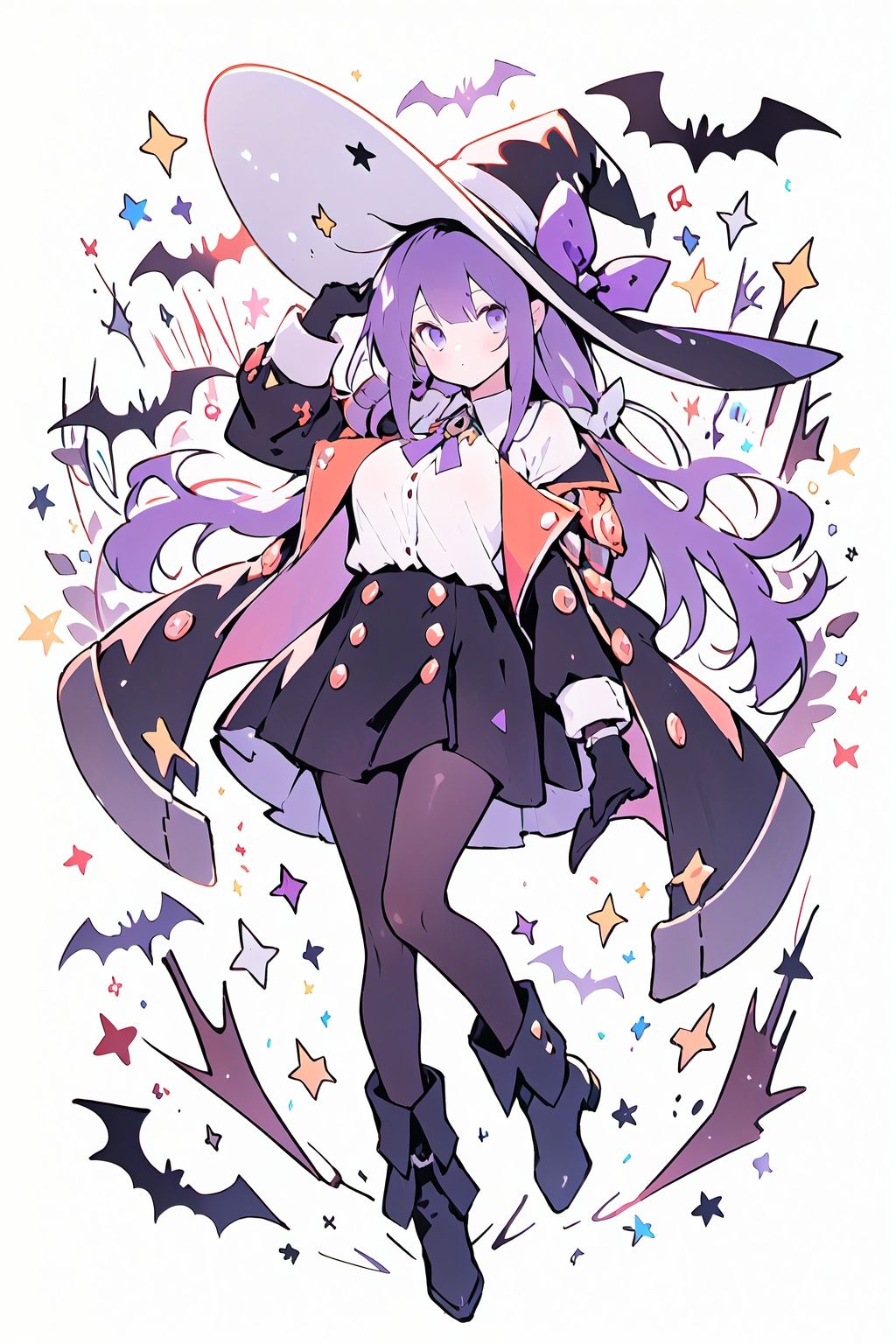  kafuka, 1girl, solo, gloves, pantyhose, purple hair, Wizard's hat, Bat hairpins, sunglasses, eyewear on head, large breasts, white shirt, black short, black footwear, boots, bangs, long sleeves, purple eyes, jacket, 1girl, macron, blackmagic, JaLanteen,