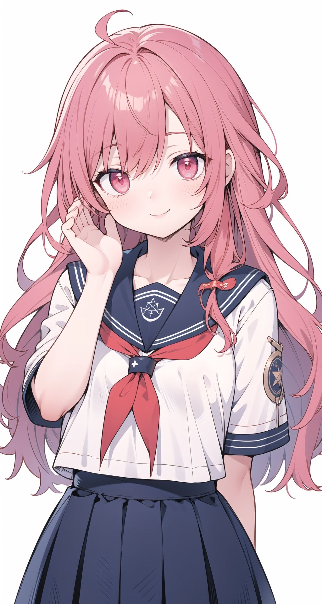 👋, simple background, white background, pentagram, pink eyes, red neckwear, red hair, hair over shoulder, long hair, asymmetrical hair, serafuku, sailor dress, upper body, smile, seductive smile