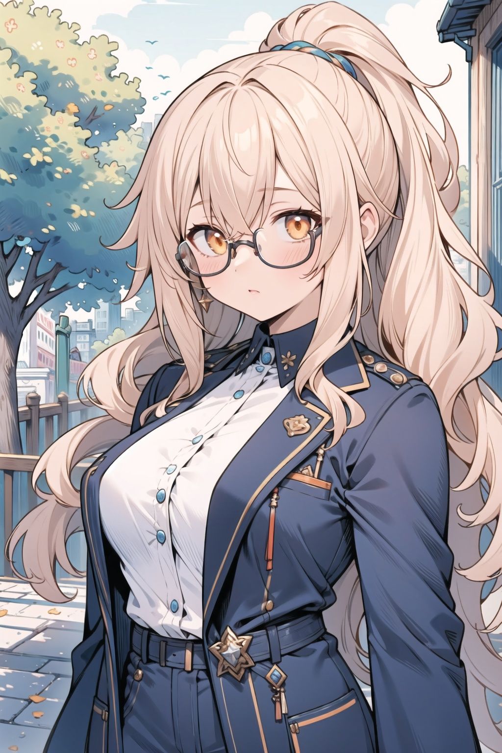 masterpiece,best quality,1girl,long hair,wavy hair,low ponytail,orange hair,large breasts,close-up,outdoors,glasses,alternate costume,<lora:完成版5:1>,