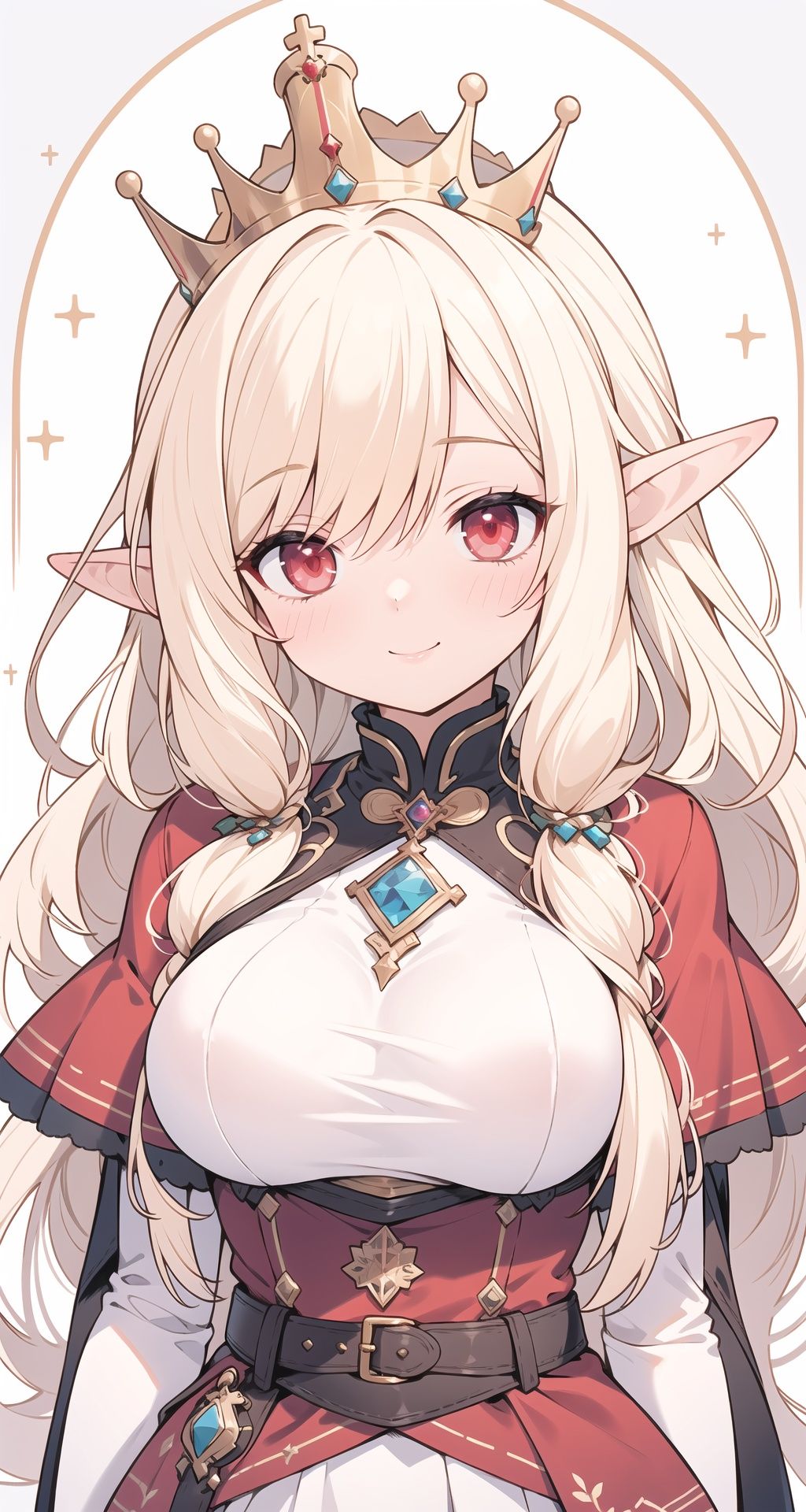 (best quality), (masterpiece), (1 girl), beautiful eyes, (delicate face), perfect detail,
((elf)), blonde hair, long hair, ( red eyes), (large breasts:0.8), ornament, queen, upper body, ahegao,
Smile, crown, Gem