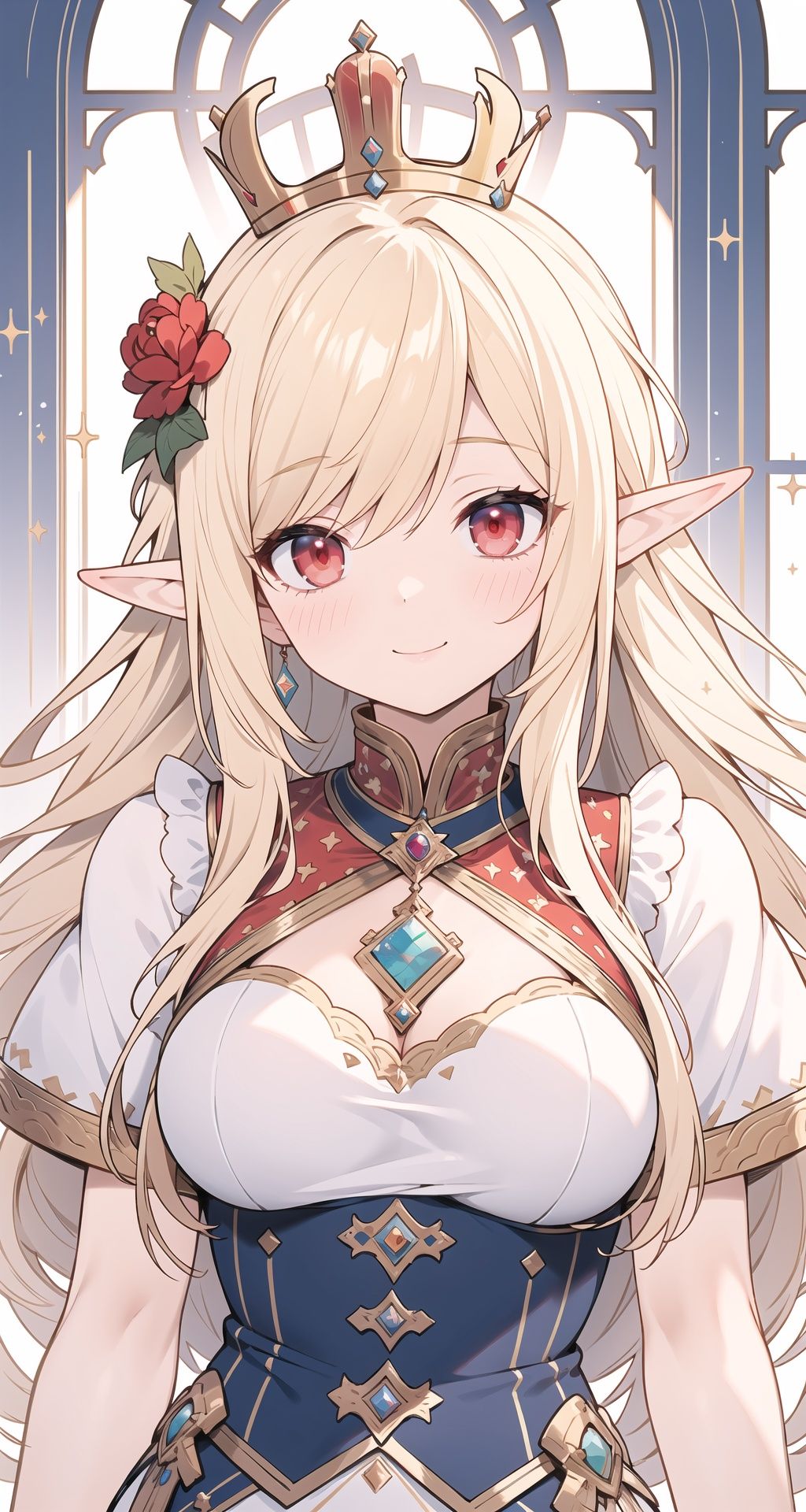 (best quality), (masterpiece), (1 girl), beautiful eyes, (delicate face), perfect detail,
((elf)), blonde hair, long hair, ( red eyes), (large breasts:0.8), ornament, queen, upper body, ahegao,
Smile, crown, Gem