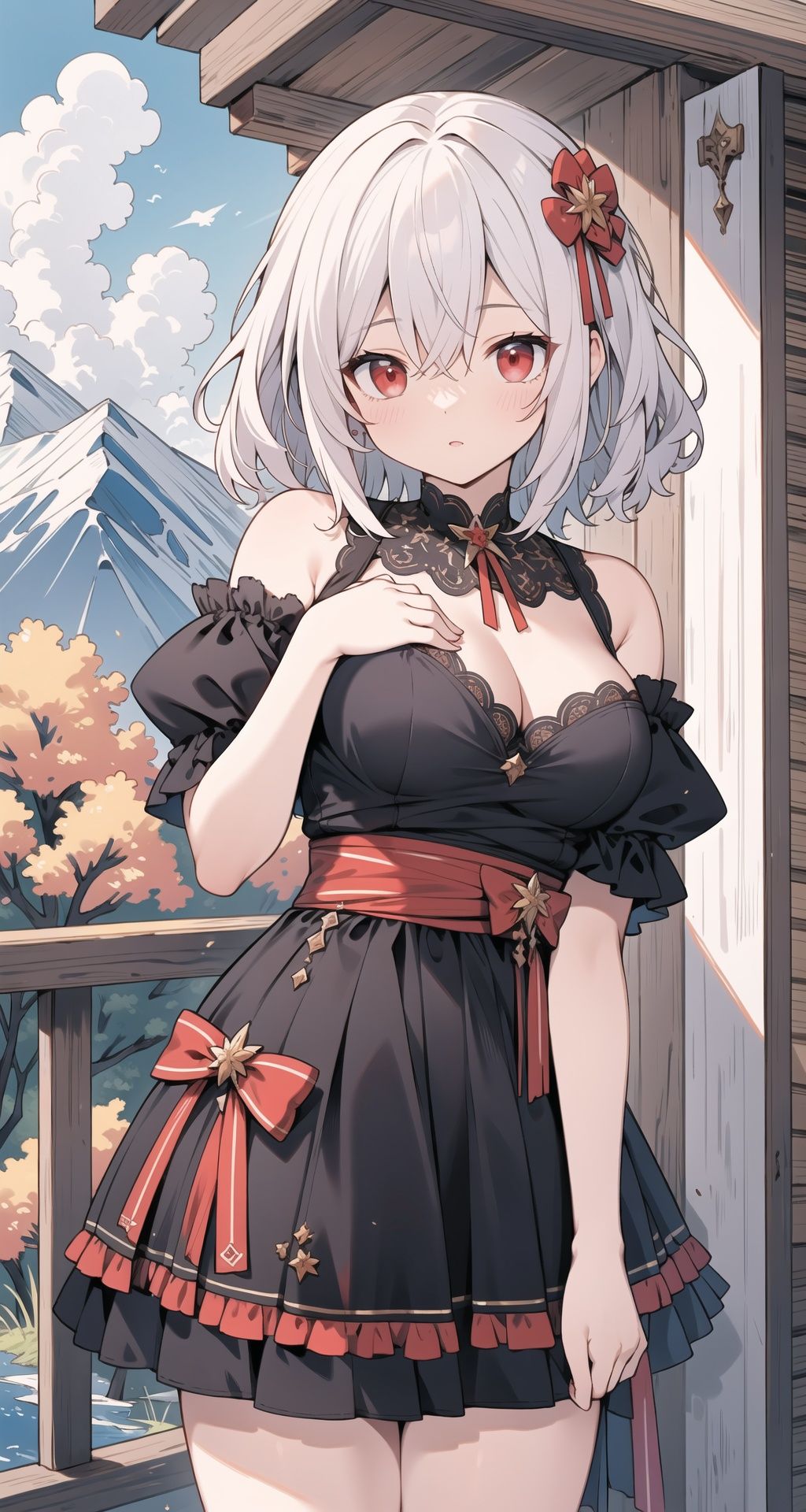 (masterpiece, best quality, high quality, highres, ultra-detailed), short hair, silver hair, red eyes, wavy hair, breasts, frills, outdoors, mountain, close-up, alternate costume