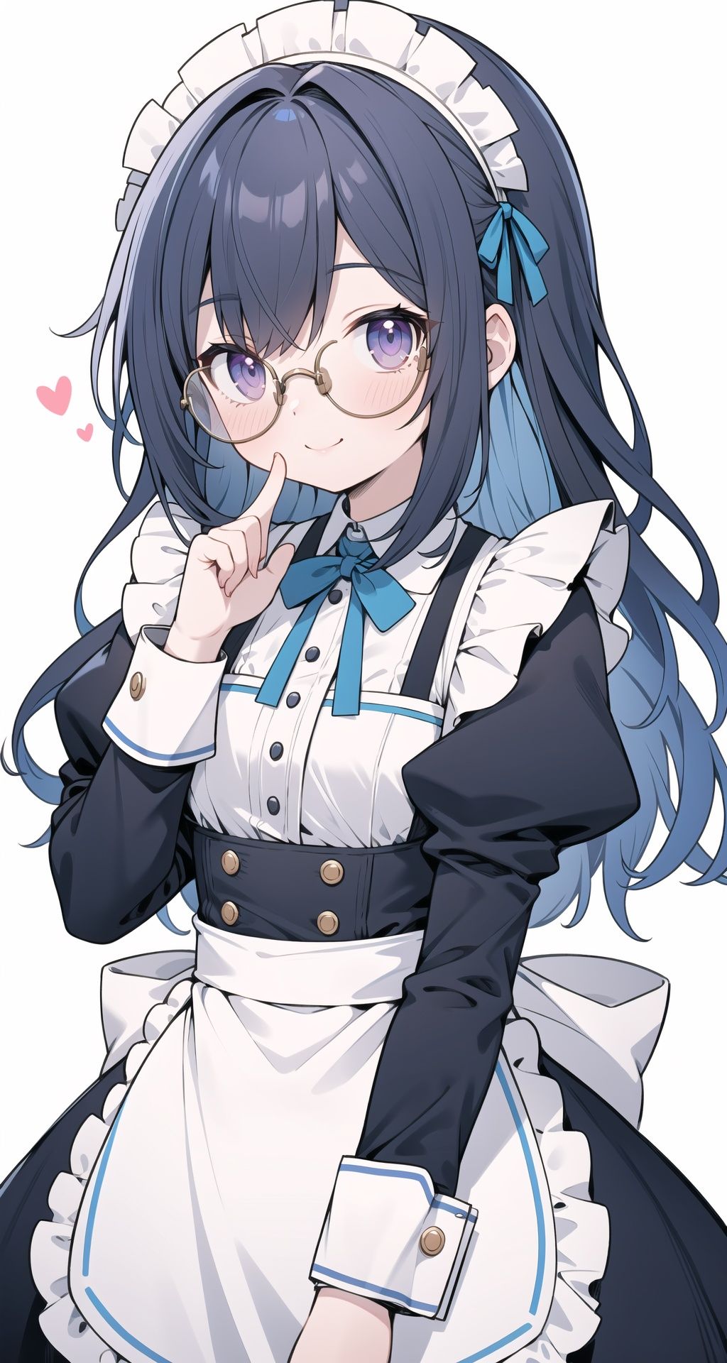 masterpiece, best quality, cute, kawaii, 1girl, solo, black hair, glasses, maid, colored inner hair, long hair, maid headdress, multicolored hair, smile, looking at viewer, apron, blush, upper body, simple background, blue hair, black-framed eyewear, bangs, purple eyes, maid apron, dress, finger to mouth, two-tone hair, closed mouth, long sleeves, index finger raised, black dress, white apron, collared dress, grey background, puffy sleeves, frills, white background, hand up, 