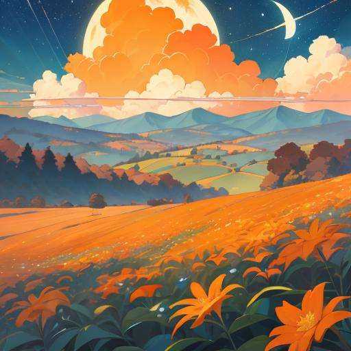 masterpiece, best quality,ares illustration, vibrant and saturated colors,cloud, sky, flower, moon, cloudy sky, scenery, outdoors, star , blue sky, sunset, mountain, field, nature, flower field, orange flower, autumn, day, starry sky