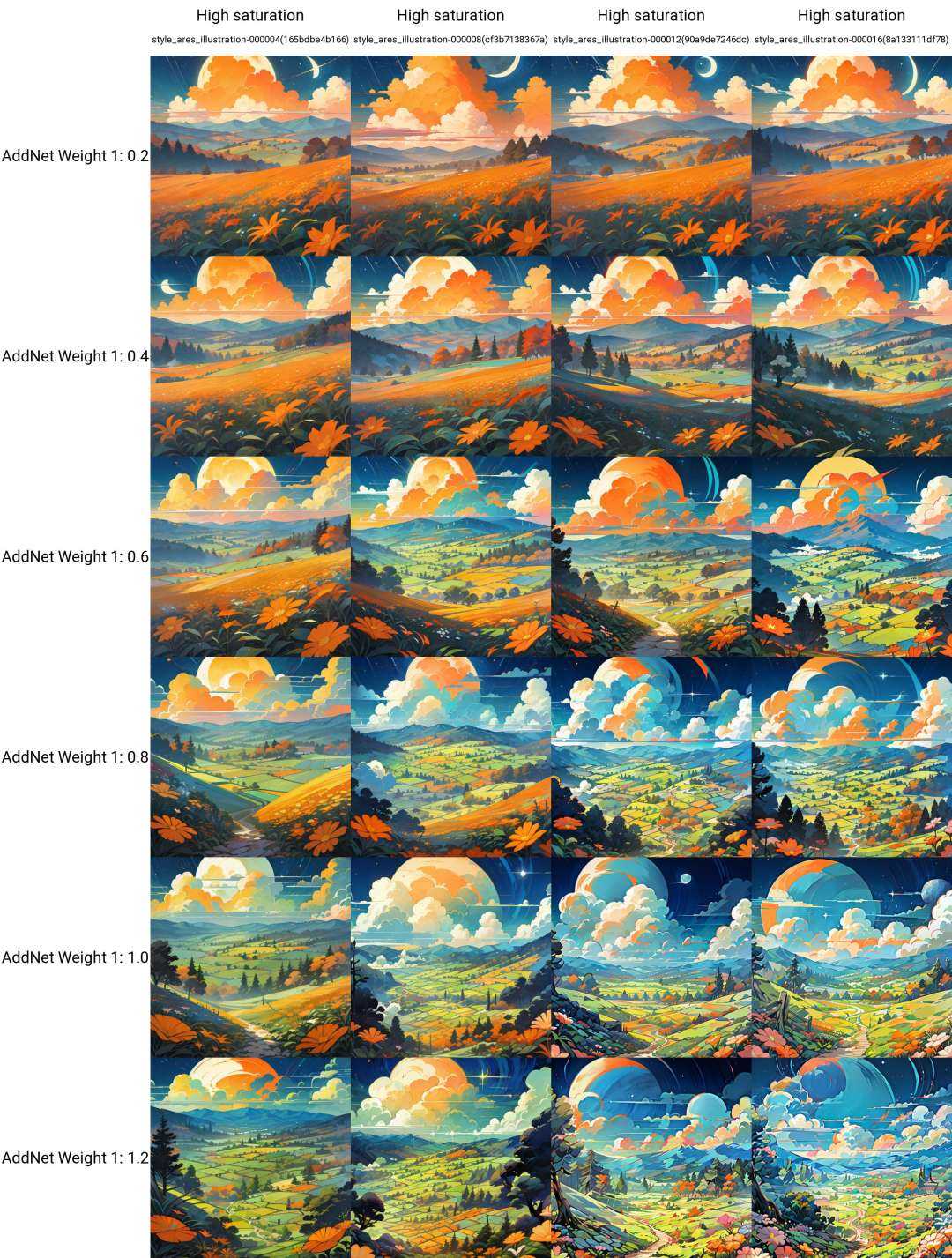 masterpiece, best quality,ares illustration, vibrant and saturated colors,cloud, sky, flower, moon, cloudy sky, scenery, outdoors, star , blue sky, sunset, mountain, field, nature, flower field, orange flower, autumn, day, starry sky