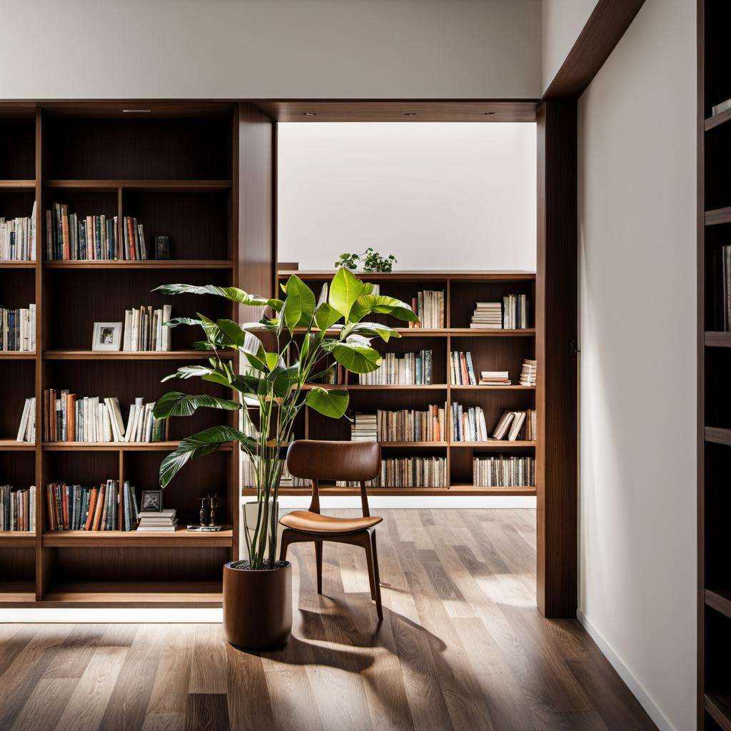 bookstore, mrares, a room with a book shelf filled with books and a plant in the corner of the room and a chair in the corner,brone,