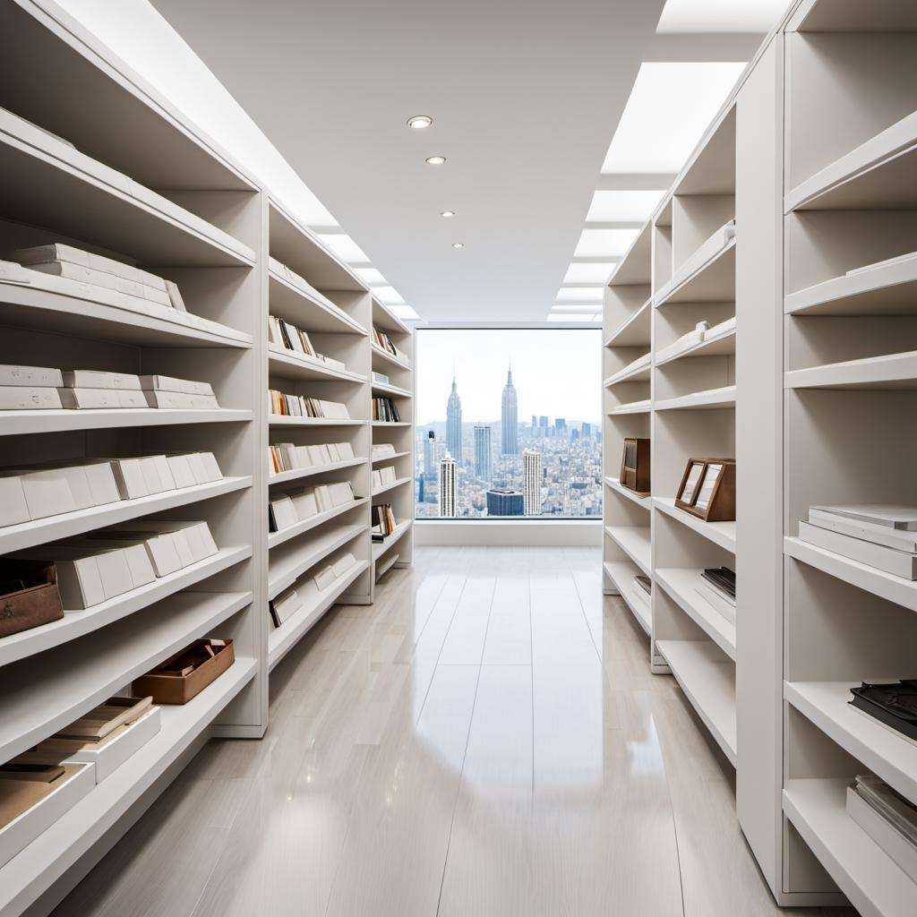 bookstore, mrares, a long white room with shelves and a bench in it and a window in the background with a view of the city, with space, (photorealism:1.5), .35mm, 