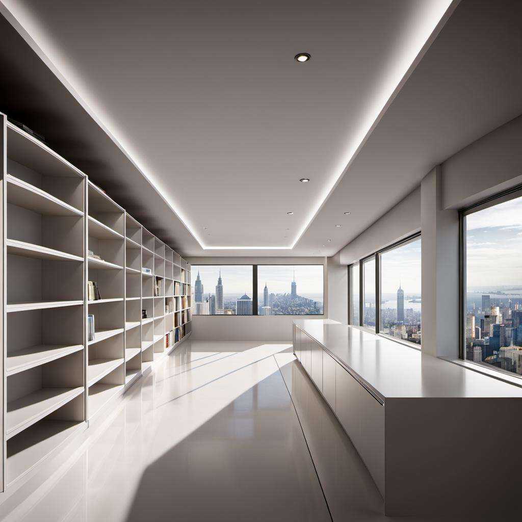 bookstore, mrares, a long white room with shelves and a bench in it and a window in the background with a view of the city, with space, (photorealism:1.5), .35mm, 
