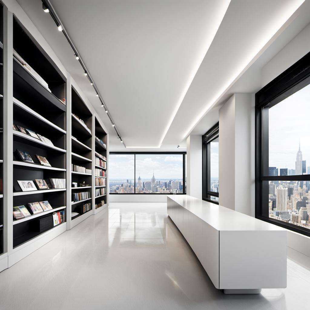 bookstore, mrares, a long white room with shelves and a bench in it and a window in the background with a view of the city, with space, (photorealism:1.5), .35mm, 