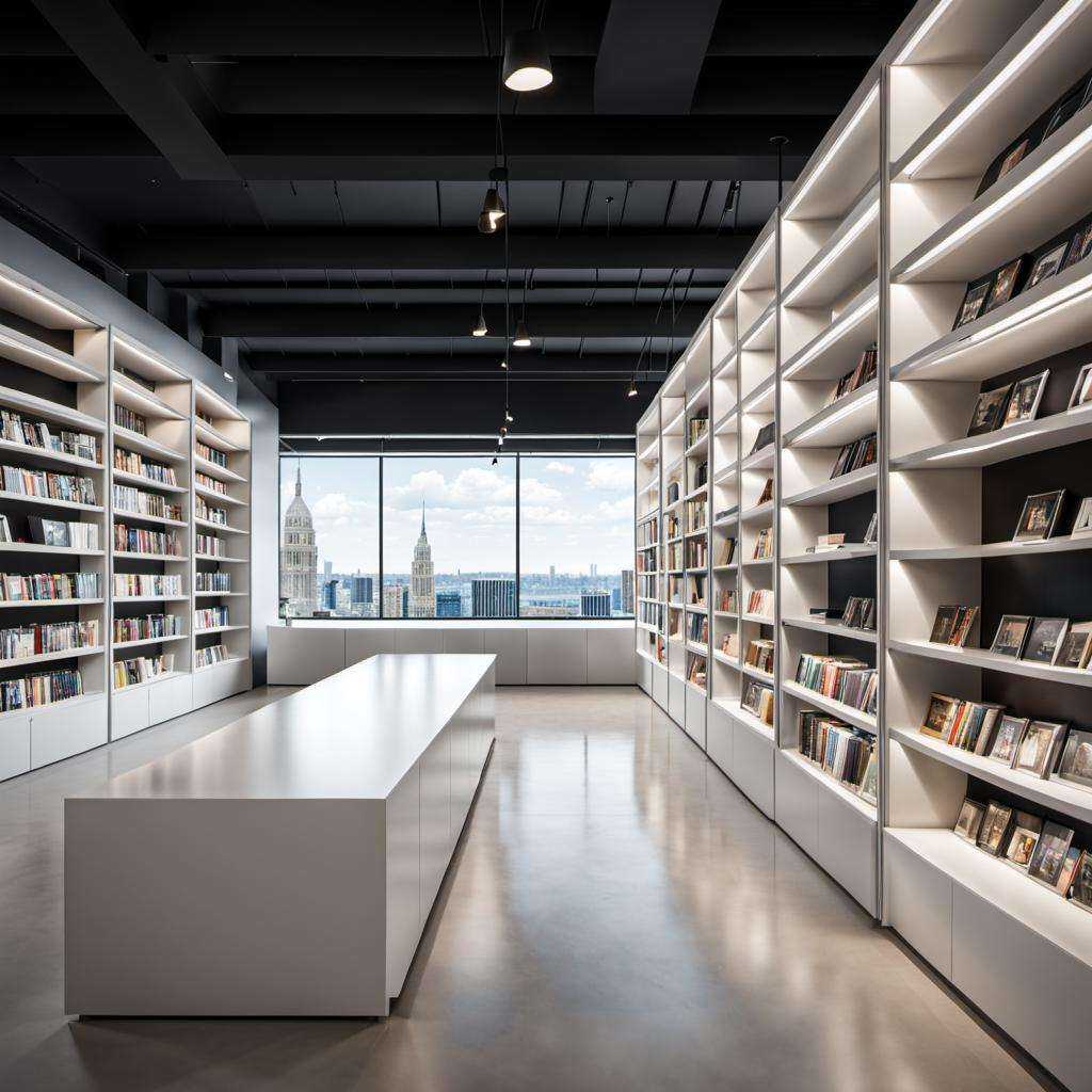 bookstore, mrares, a long white room with shelves and a bench in it and a window in the background with a view of the city, with space, (photorealism:1.5), .35mm, 