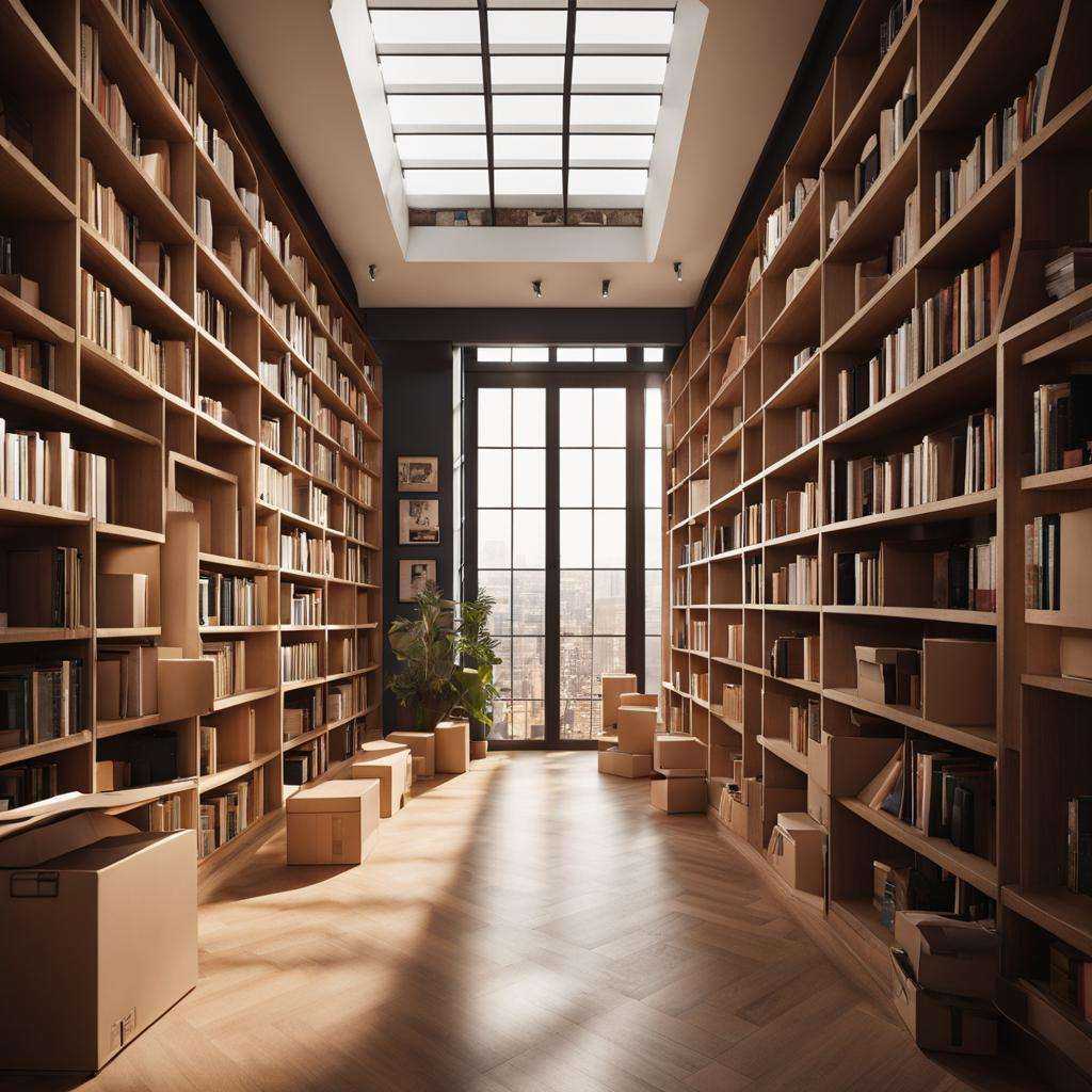 bookstore,mrares,a long hallway with a bunch of boxes on the floor and a bunch of stairs on the wall and a lot of windows。
