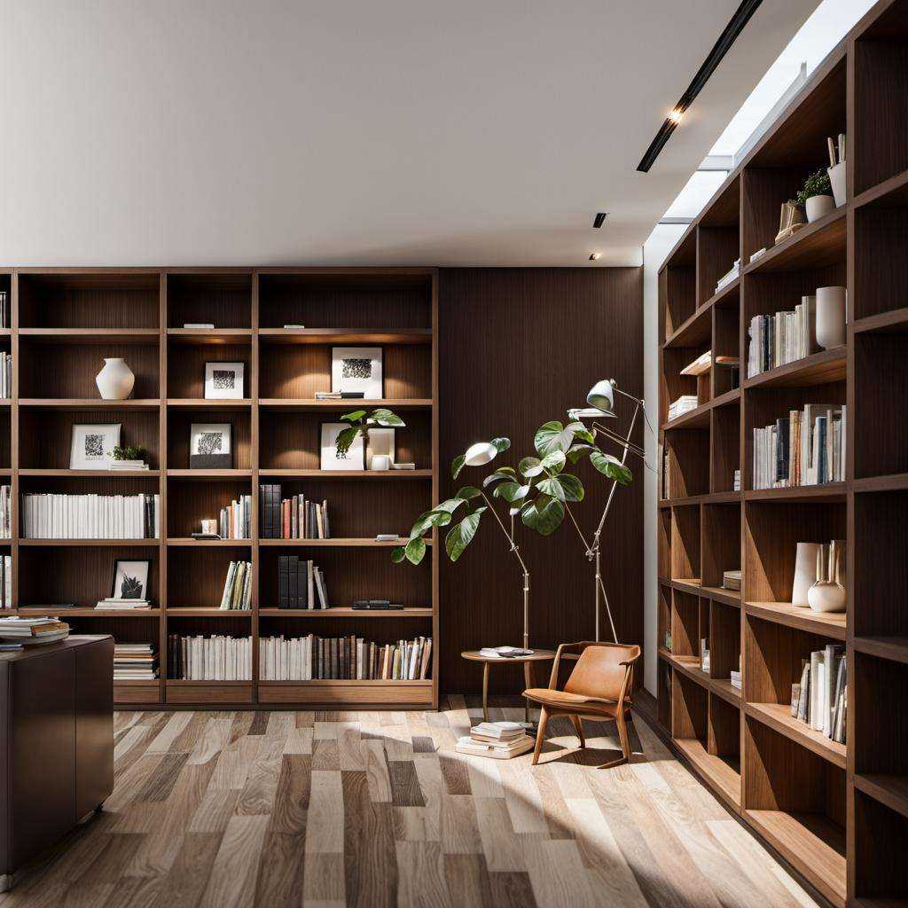 bookstore, mrares, a room with a book shelf filled with books and a plant in the corner of the room and a chair in the corner,brone,