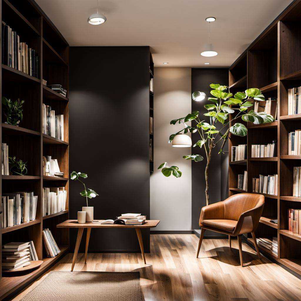 bookstore, mrares, a room with a book shelf filled with books and a plant in the corner of the room and a chair in the corner,brone,