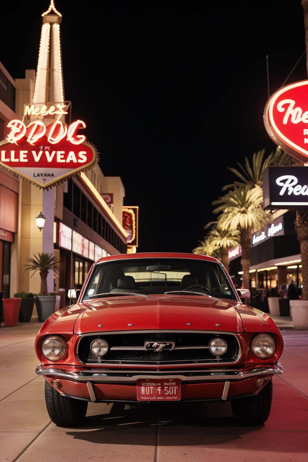 Photo of a classic red mustang car parked in las vegas strip at night on Tensor.Art