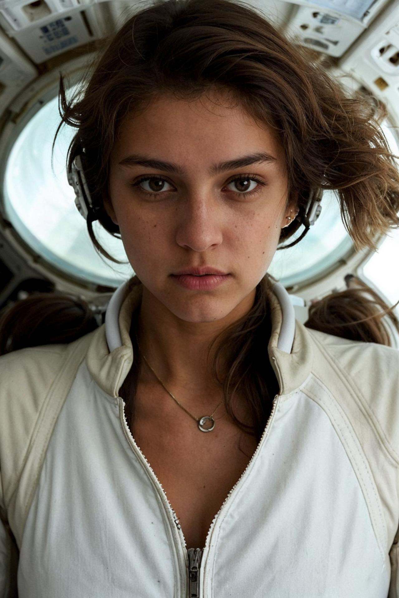 a photo of a messy brown hair girl,  unbuttoned white space suit,  cleavage on Tensor.Art