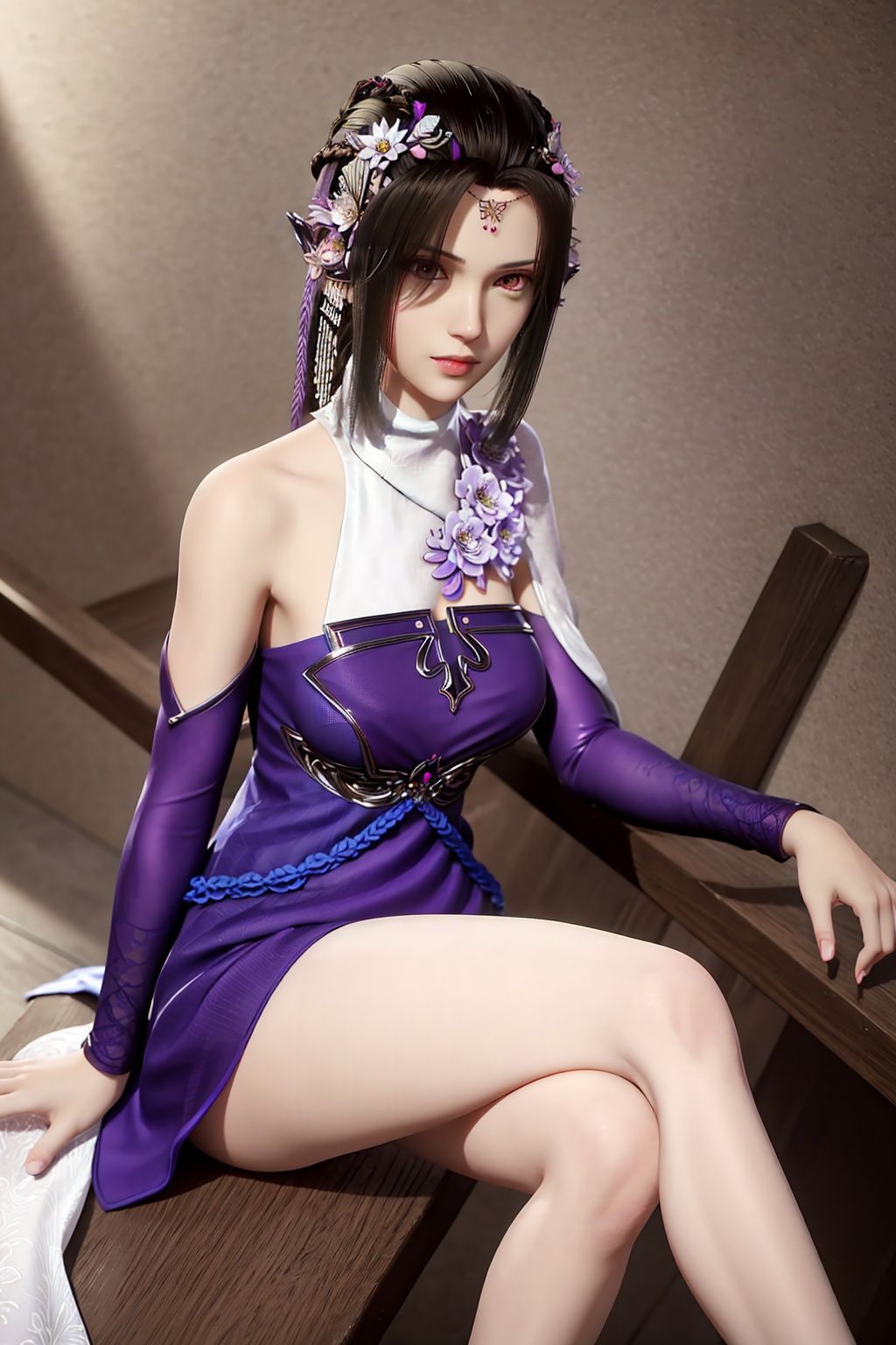(8k, RAW photo, best quality, masterpiece:1.2),(realistic, photorealistic:1.3),ultra-detailed,extremely detailed cg 8k wallpaper,(crystalstexture skin:1.2),extremely delicate and beautiful,1girl,solo,black hair,flower,hair ornament,dress,forehead mark,photo_\(medium\),(breasts, medium_breasts, cleavage),looking at viewer,sitting,bare legs,
