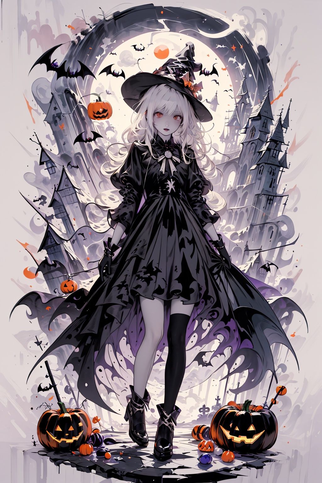  ((masterpiece:1)),(((best quality))),illustration,extremely detailed 8k wallpaper,colorful,[(white background:1.4)::5],

1girl,white hair,red eyes,shining eyes,
wansheng, flat color, 1girl, witch hat, hat, long hair, solo, jack-o'-lantern, halloween, moon, thighhighs, bat (animal), looking at viewer, dress, full body, gloves, pumpkin, witch, black thighhighs, star (symbol), bow,(pale skin:1.2),

(ghost)


beautiful and detailed cloudy sky,castle,bat (animal),(halloween:1.1),full red moon,Beautiful and detailed black,(jack-o'-lantern:0.8)

 (Abstract Art:1.35),(flat color:1.3),(high contrast:1.3),happy halloween,(candy:1.2)
, wansheng,

,(hexagon:1.1),(fight stance),(from bottom:0.9),lighting surrounded,water surround,full moon,

original,(illustration:1.1),(best quality),(extremely detailed CG unity 8k wallpaper:1.1), (colorful:0.9),(imid shot:0.95),(full body:1.25),Dynamic angle,

 (Style of Comic and Animation:1.3),(Oil Painting:0.8),(sketch:0.6), WaHaa, JaLanteen, vampire