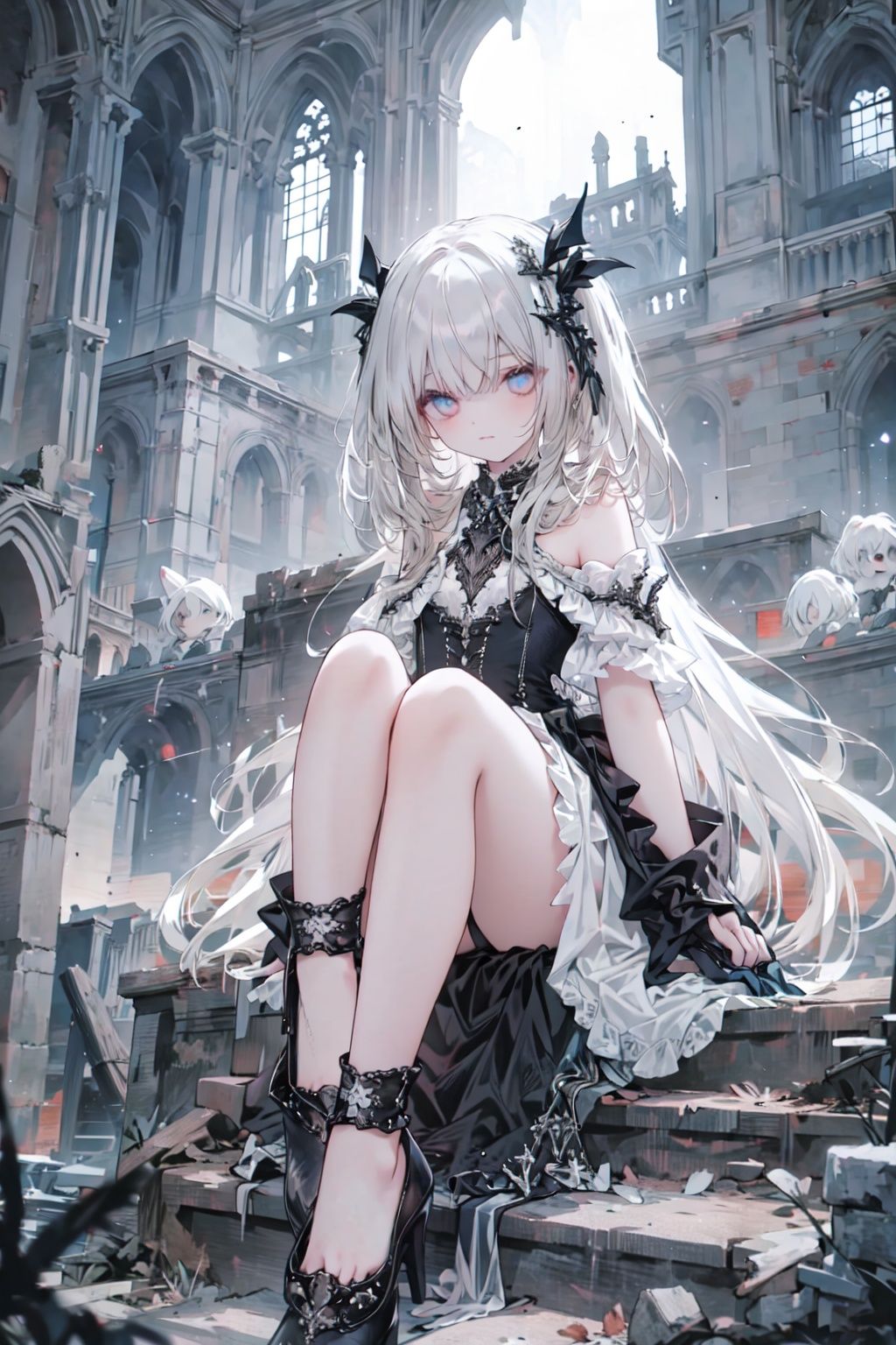  masterpiece, best quality, ((masterpiece)), flat chestbest quality, (highres), solo, flat chest, a girl inside the church with white hair and blue pupil surrounded by (many) glowing (feathers) in cold face, detailed face, night with bright colorful lights whith richly layered clouds and clouded moon in the detailed sky, (a lot of glowing particles),long hair,cool movement, (filigree), delicate and (intricate) hair, ((sliver)) and (broken) body, blue streaked hair, full body, depth of field, sitting on a (blue star), bishoujo,full body,no shoes,foot, galaxy nebula, vampire, qiuyinong