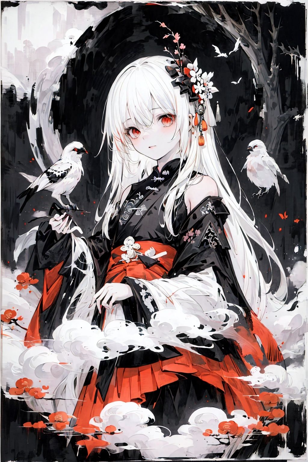  (masterpiece), (best quality),(illustration), ink ,black and white,ink and wash painting,black theme,black ink,1girl,solo,hanfu,(detailed white hair:1.4),red eyes,delicate beautiful face, bare shoulder,long hair,(plum blossoms),mountain,tree,forest,bird,cloud,ink style,colorful painting, ((chinese colorful ink)), (((Chinese color ink painting style))),((surrounded by color ink splashes)),((extremely detailed body)),((colorful)) ink style, wansheng