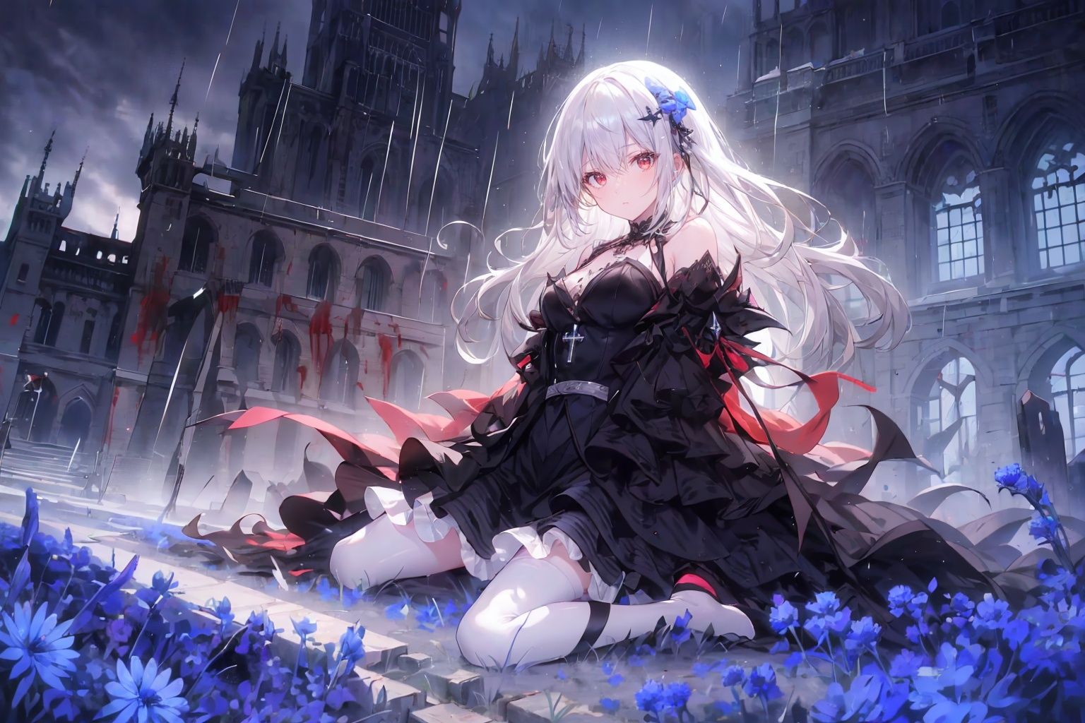  ((1girl,solo, alone, delicate face, cute, red eye pupil, pink eyelashes, red eye shadow, pink lips,excellent face,expression is enchanting,)), Character close-up,
leaning against the ruins, with a floating skeleton in the background.(white stockings),her posture is seductive, her hand is holding her face, and there is a flicker of evil energy runes in the background, blood mist filled, and soft light. No shoes,My feet are covered in bones. Skeletons, many skeletons. Official art, unit 8 k wallpaper, ultra detailed, beautiful and aesthetic, masterpiece, best quality, extremely detailed, dynamic angle, paper skin, radius, iuminosity, cowboyshot, the most beautiful form of Chaos, elegant, a brutalist designed, visual colors, romanticism, by James Jean, roby dwi antono, cross tran, francis bacon, Michael mraz, Adrian ghenie, Petra cortright, Gerhard richter, Takato yamamoto, ashley wood, atmospheric, ((late at night,dark)), light rain,dark, limited palette, contrast,(((Cornflower))), cornflower, cornflower,vines, forest, lens flare, hdr, Tyndall effect,damp,wet,cold theme, broken wall, aqua theme, floating hair, high detail, nayutaren, Nyarly,Sitting in the Flower Sea