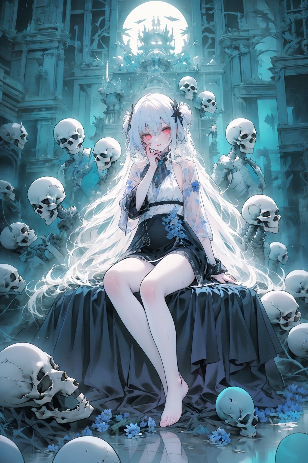  ((1girl,solo, alone, delicate face, cute, red eye pupil, pink eyelashes, red eye shadow, pink lips,excellent face,expression is enchanting,)), Character close-up,
leaning against the ruins, with a floating skeleton in the background.(white stockings),her posture is seductive, her hand is holding her face, and there is a flicker of evil energy runes in the background, blood mist filled, and soft light. No shoes,My feet are covered in bones. Skeletons, many skeletons. Official art, unit 8 k wallpaper, ultra detailed, beautiful and aesthetic, masterpiece, best quality, extremely detailed, dynamic angle, paper skin, radius, iuminosity, cowboyshot, the most beautiful form of Chaos, elegant, a brutalist designed, visual colors, romanticism, by James Jean, roby dwi antono, cross tran, francis bacon, Michael mraz, Adrian ghenie, Petra cortright, Gerhard richter, Takato yamamoto, ashley wood, atmospheric, ((late at night,dark)), light rain,dark, limited palette, contrast,(((Cornflower))), cornflower, cornflower,vines, forest, lens flare, hdr, Tyndall effect,damp,wet,cold theme, broken wall, aqua theme, floating hair, high detail, nayutaren, Nyarly