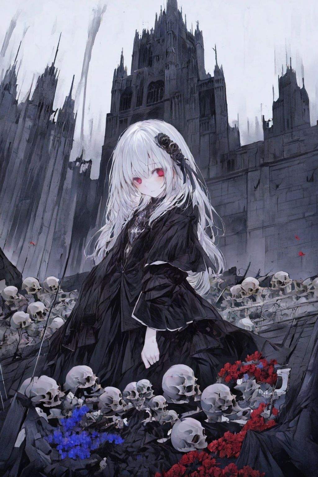 Best quality, 8k, cg, 1girl,Black skirt,red rose,Sea of red flowers,Holding a skeleton,sideways,Anabandoned city