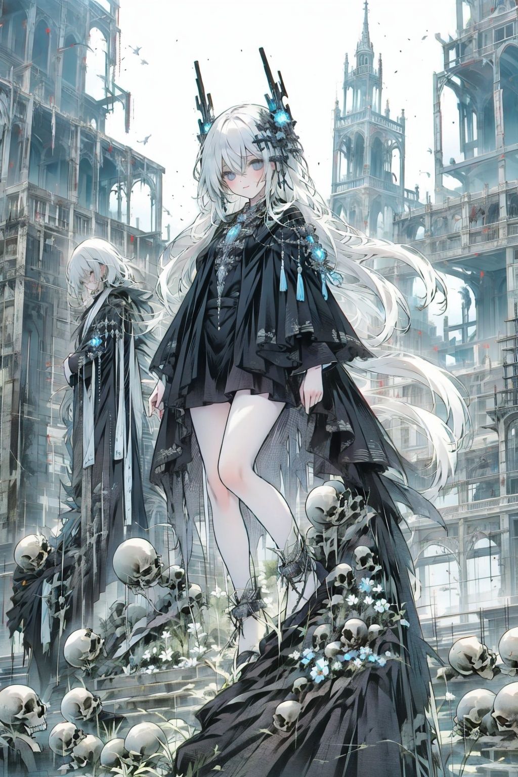  Queen, leaning against the ruins, with a floating skeleton in the background. (pumpkin mask:1.2),The Queen's expression is enchanting,(white stockings),her posture is seductive, her hand is holding her face, and there is a flicker of evil energy runes in the background, blood mist filled, and soft light. No shoes,My feet are covered in bones. Skeletons, many skeletons. Official art, unit 8 k wallpaper, ultra detailed, beautiful and aesthetic, masterpiece, best quality, extremely detailed, dynamic angle, paper skin, radius, iuminosity, cowboyshot, the most beautiful form of Chaos, elegant, a brutalist designed, visual colors, romanticism, by James Jean, roby dwi antono, cross tran, francis bacon, Michael mraz, Adrian ghenie, Petra cortright, Gerhard richter, Takato yamamoto, ashley wood, atmospheric, flowers in full bloom, many bird of parade, deep forests, sunlight, atmosphere, rich details, full body lens, shot from above, shot from below, detail background, beautiful sky, floating hair, perfect face, exquisite facial features, high detail, smile, dynamic angle, dynamic posture,