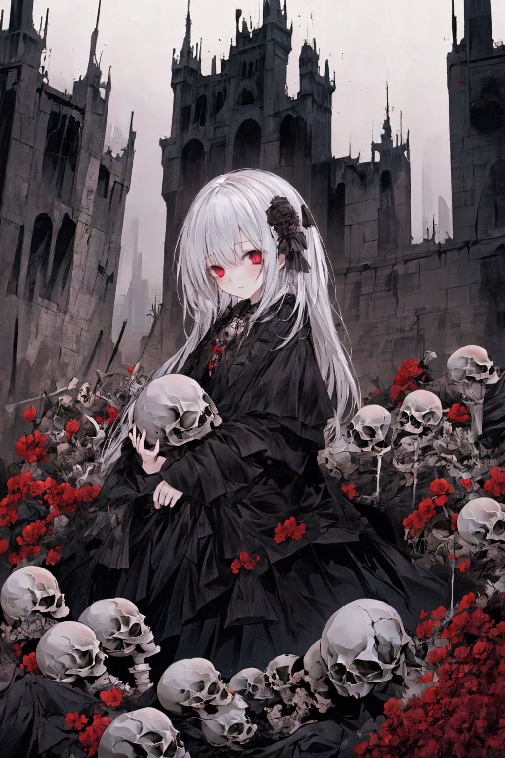 Best quality, 8k, cg, 1girl,Black skirt,red rose,Sea of red flowers,sideways,Anabandoned city,Holding a skeleton head