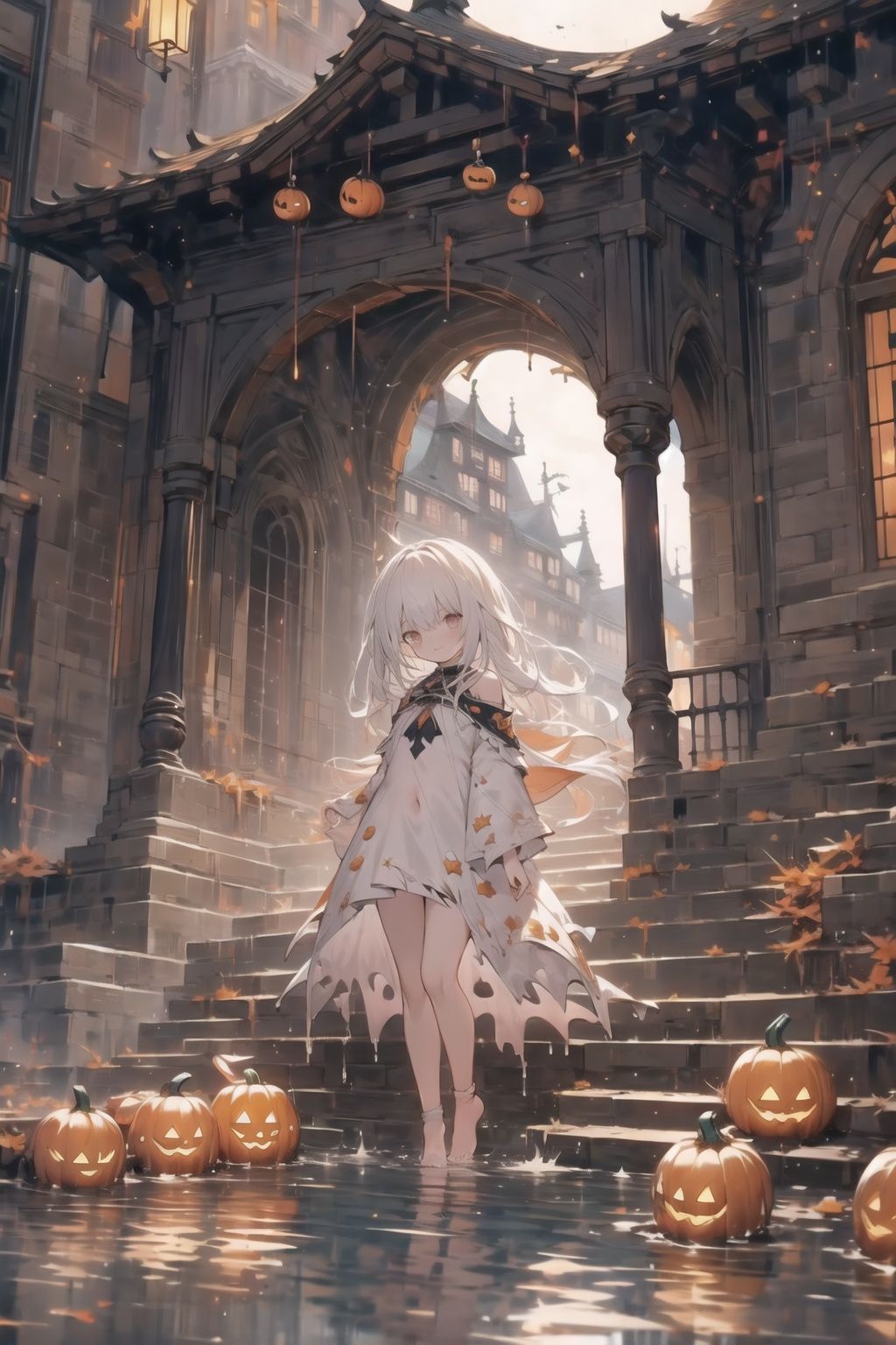  loli,(soles),(full body),1girl,fox girl,fox ears,fox tail,masterpiece,best quality,ultra-detailed,extremely detailed 8k wallpaper,,(white cloth,torn clothes,wet clothes）,dramatic angle,cinematic lighting,wet,naked bandage,Pumpkin, navel, witch, Halloween, yamamura_sadako