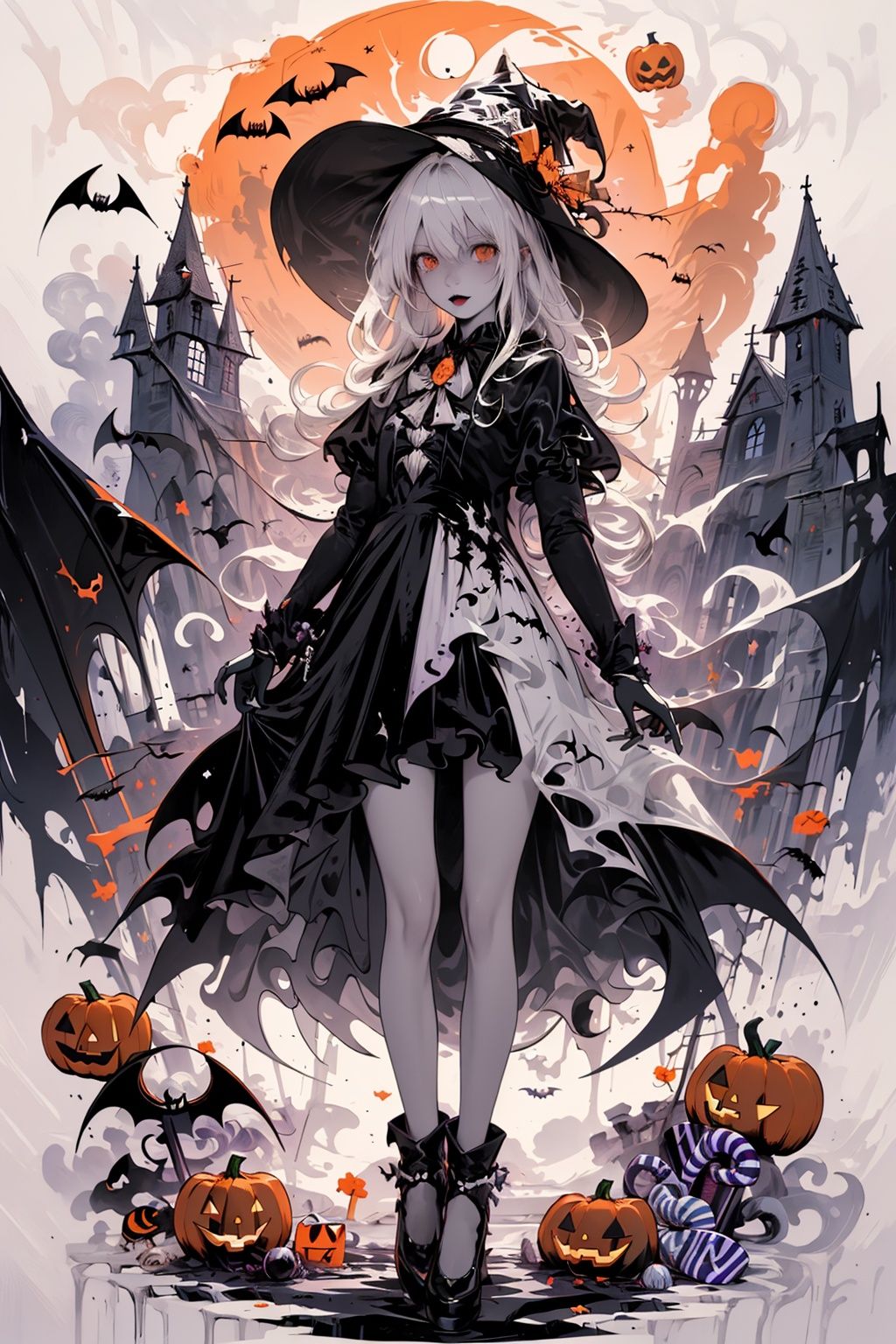  ((masterpiece:1)),(((best quality))),illustration,extremely detailed 8k wallpaper,colorful,[(white background:1.4)::5],

1girl,white hair,red eyes,shining eyes,
wansheng, flat color, 1girl, witch hat, hat, long hair, solo, jack-o'-lantern, halloween, moon, thighhighs, bat (animal), looking at viewer, dress, full body, gloves, pumpkin, witch, black thighhighs, star (symbol), bow,(pale skin:1.2),

(ghost)


beautiful and detailed cloudy sky,castle,bat (animal),(halloween:1.1),full red moon,Beautiful and detailed black,(jack-o'-lantern:0.8)

 (Abstract Art:1.35),(flat color:1.3),(high contrast:1.3),happy halloween,(candy:1.2)
, wansheng,

,(hexagon:1.1),(fight stance),(from bottom:0.9),lighting surrounded,water surround,full moon,

original,(illustration:1.1),(best quality),(extremely detailed CG unity 8k wallpaper:1.1), (colorful:0.9),(imid shot:0.95),(full body:1.25),Dynamic angle,

 (Style of Comic and Animation:1.3),(Oil Painting:0.8),(sketch:0.6), WaHaa, JaLanteen, vampire