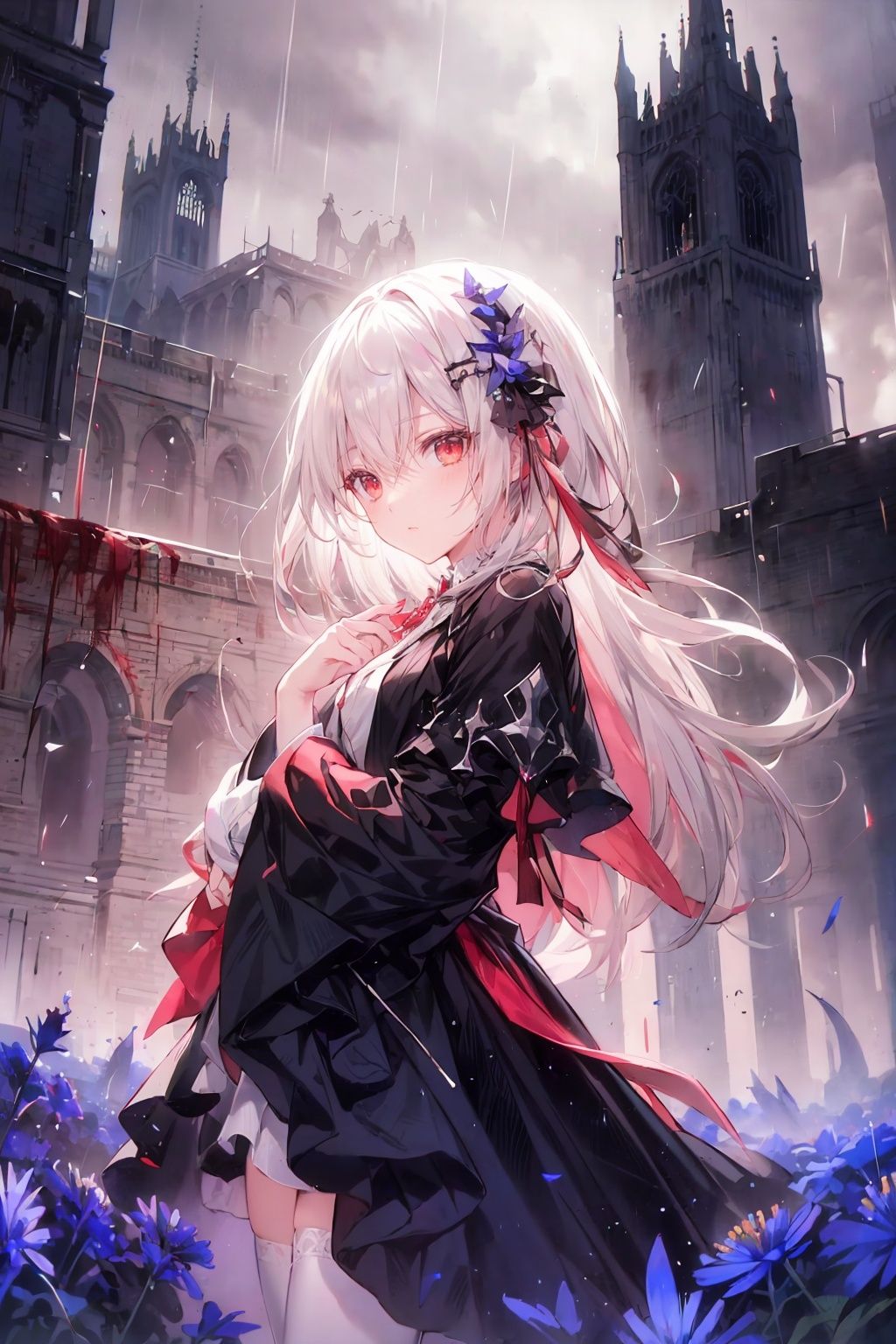 ((1girl,solo, alone, delicate face, cute, red eye pupil, pink eyelashes, red eye shadow, pink lips,excellent face,expression is enchanting,)), Character close-up,
leaning against the ruins, with a floating skeleton in the background.(white stockings),her posture is seductive, her hand is holding her face, and there is a flicker of evil energy runes in the background, blood mist filled, and soft light. Official art, unit 8 k wallpaper, ultra detailed, beautiful and aesthetic, masterpiece, best quality, extremely detailed, dynamic angle, paper skin, radius, iuminosity, cowboyshot, the most beautiful form of Chaos, elegant, a brutalist designed, visual colors, romanticism, by James Jean, roby dwi antono, cross tran, francis bacon, Michael mraz, Adrian ghenie, Petra cortright, Gerhard richter, Takato yamamoto, ashley wood, atmospheric, ((late at night,dark)), light rain,dark, limited palette, contrast,(((Cornflower))), corn