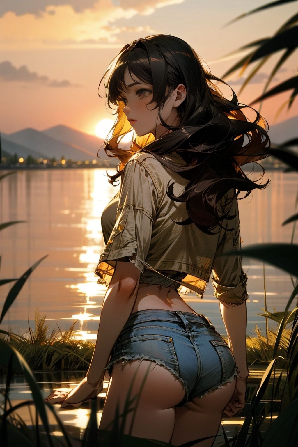 8k,RAW photo,best quality,masterpiece,realistic,1girl,solo,ass,sexy jeans,black hair,long hair,denim shorts,from behind,thighs,shirt,wavy hair,denim shorts,ass focus,<lora:add_detail:0.8:lbw=ALL>,<lora:sexyjeans-000008:0.8:lbw=CLOTH>,