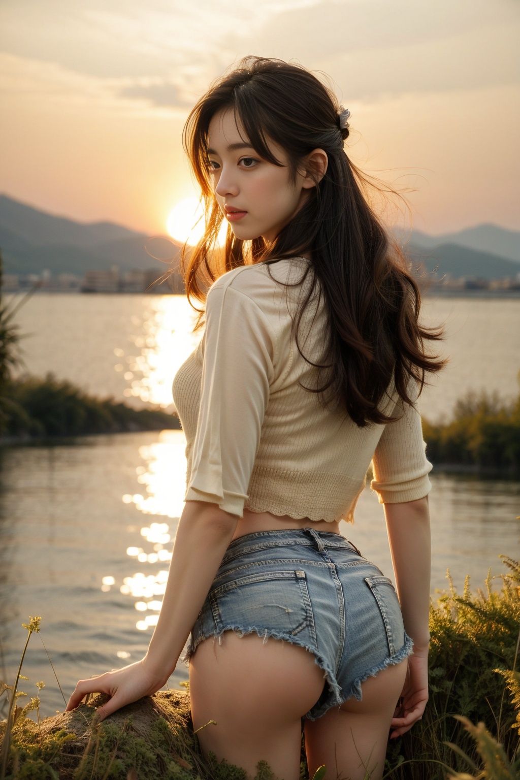 8k,RAW photo,best quality,masterpiece,realistic,1girl,solo,ass,sexy jeans,black hair,long hair,denim shorts,from behind,thighs,shirt,wavy hair,denim shorts,ass focus,<lora:add_detail:0.8:lbw=ALL>,<lora:sexyjeans-000008:0.8:lbw=CLOTH>
