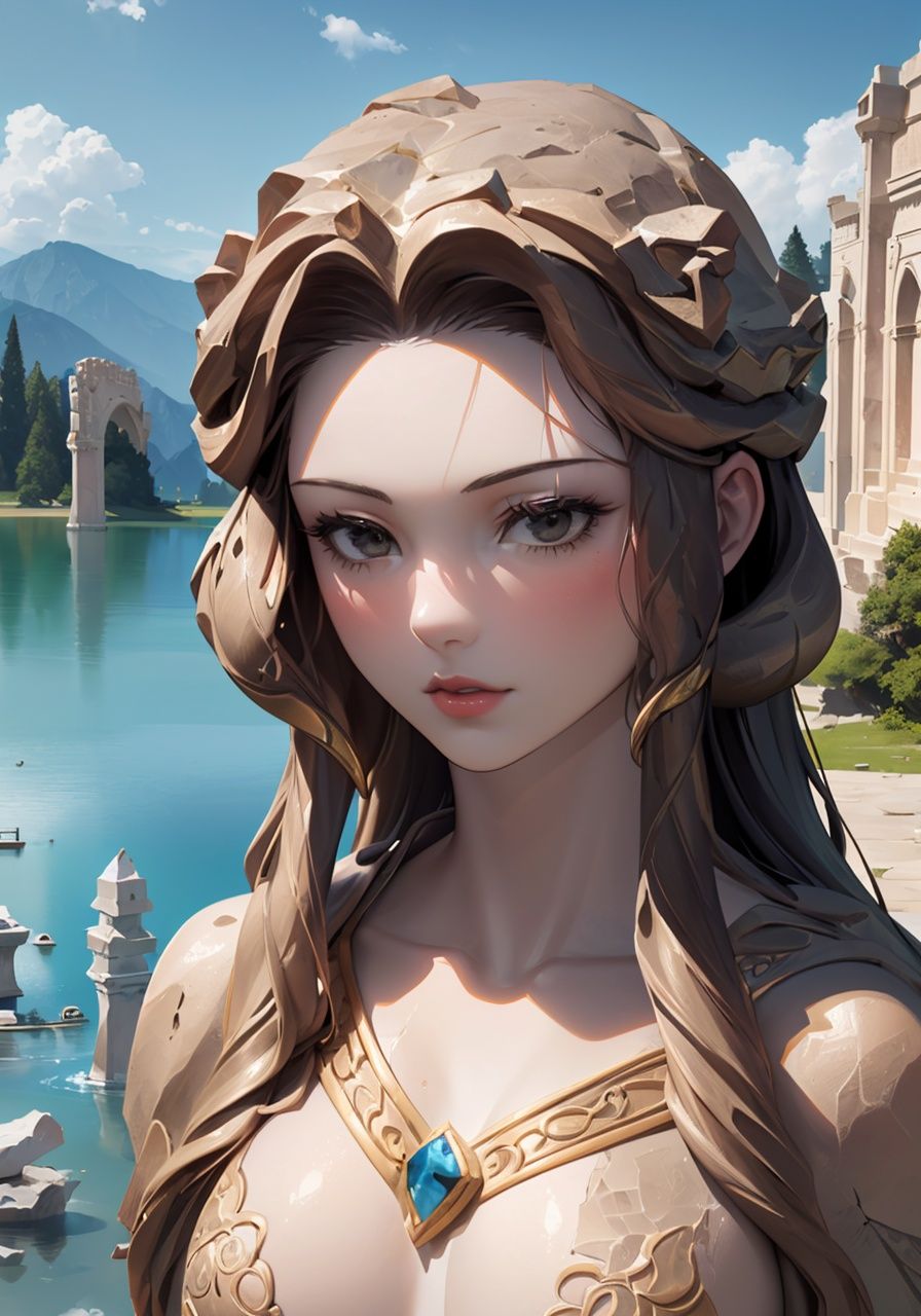1 detailed sculpture-girl, (Upper body close-up:1.2), (Stone-texture-skin:1.4), (The curse of the Medusa), (Petrified-magic), Michelangelo style, (Extremely detailed and beautiful corolla On the head)
Real lighting, (realistic:0.7), (3D:0.7), (solo:1.3)
(Extremely complex elaborate stone arches:1.3), (Lake background:1.3), Cloud cover, best shades,