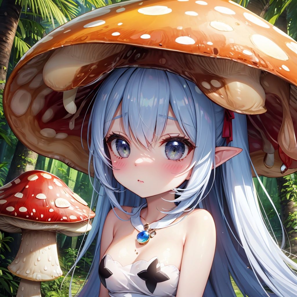 Forest after rain, Amazon rainforest, lots of tropical trees, palm trees, lots of giant mushrooms, lots of poison mushrooms, red and white spotted mushrooms, purple mushrooms, yellow mushrooms, white mushrooms, explosion mushrooms, charm mushrooms, fluorescent mushrooms(monsterification:1.3), (1 giant mushroom_girl, wearing Spotted dress, spotted mushroom hair), (spotted mushroom hat:1.2), (upper body), (cute face), beautiful eyes(detailed light), (extremely delicate and beautiful), volume light, best shadow, flash, Depth of field