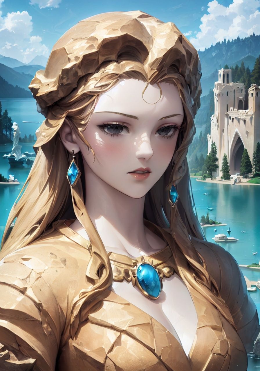 1 detailed sculpture-girl, (Upper body close-up:1.2), (Stone-texture-skin:1.4), (The curse of the Medusa), (Petrified-magic), Michelangelo style, (Extremely detailed and beautiful corolla On the head)
Real lighting, (realistic:0.7), (3D:0.7), (solo:1.3)
(Extremely complex elaborate stone arches:1.3), (Lake background:1.3), Cloud cover, best shades,