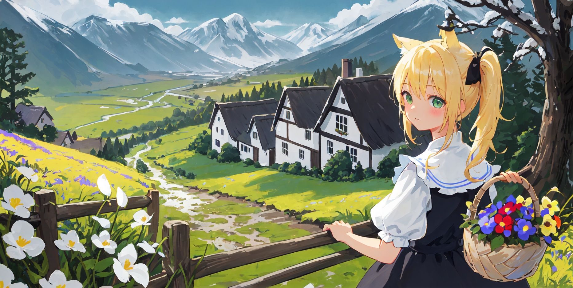 Rich details, illustrations,((1Girl)), ((close-up shot:2)),((Character color stroke.1.8))Thatched houses, muddy roads, mountains, grass, colorful flowers, trees, moss,Grass, snowWhite silk, maid dress, double horsetail, cat ear, cat tailWith a basket in hand,Blond HairLook to the right