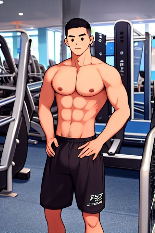1boy,masterpiece,best quality,male focus, bust,looking at viewer, abs, gym