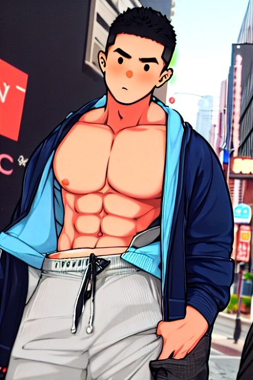 1boy,masterpiece,best quality,male focus, street, bust,looking at viewer, abs