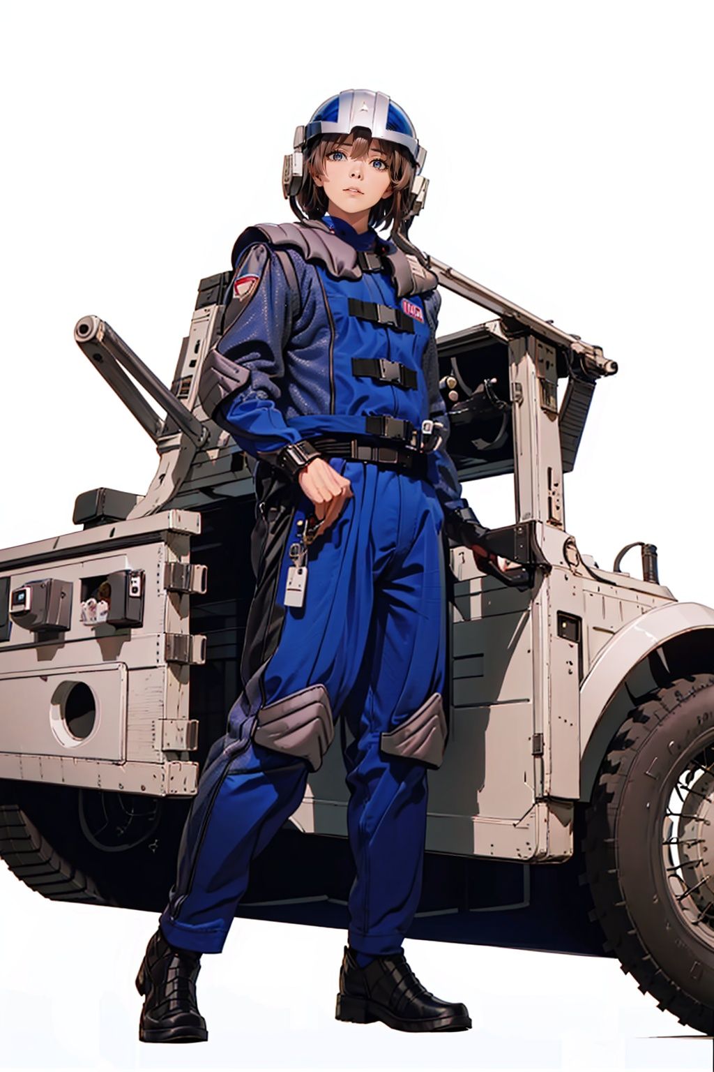  (masterpiece:1.3), (the best quality:1.2), (super fine illustrations:1.2), (Masterpiece), high quality, high detail,((white background:1.2)), looking at viewer, (SOLO:1.4),outline,,simple background,pilot suit, shoulder pads,blue jacket,blue pants,police uniform, clothes writing,gloves,helmet,uniform,armor,pants,logo,military uniform,emblem,boots,belt, pilot suit