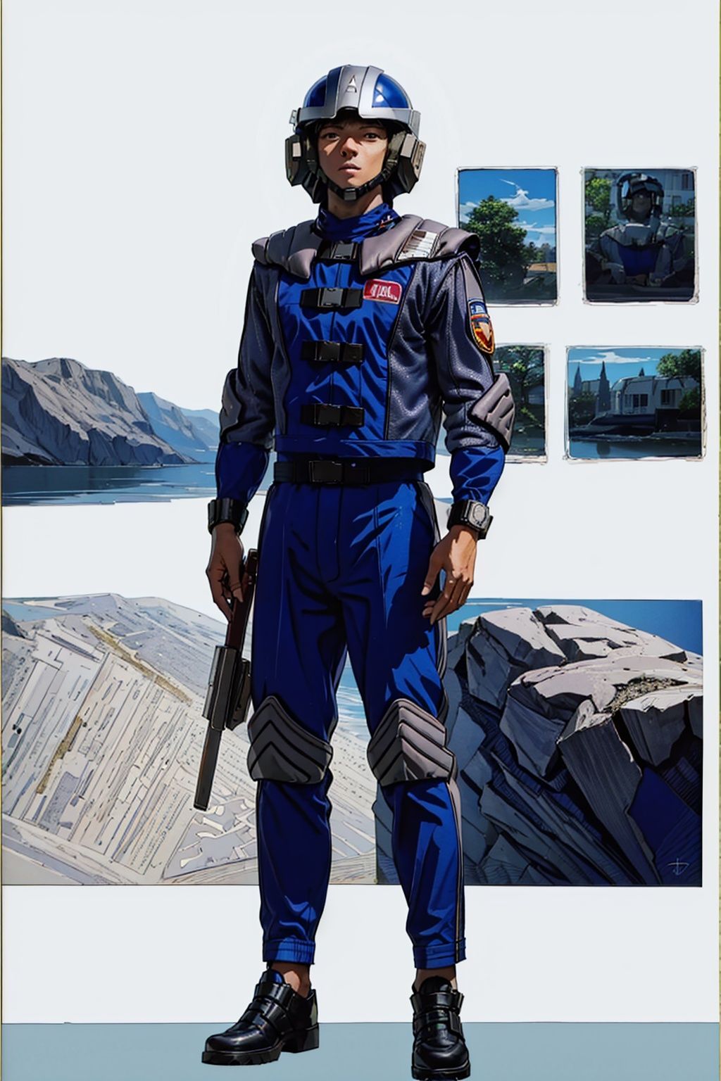 (masterpiece:1.3), (the best quality:1.2), (super fine illustrations:1.2), (Masterpiece), high quality, high detail,((white background:1.2)), looking at viewer, (SOLO:1.4),outline,,simple background,pilot suit, shoulder pads,blue jacket,blue pants,police uniform, clothes writing,gloves,helmet,uniform,armor,pants,logo,military uniform,emblem,boots,belt, pilot suit