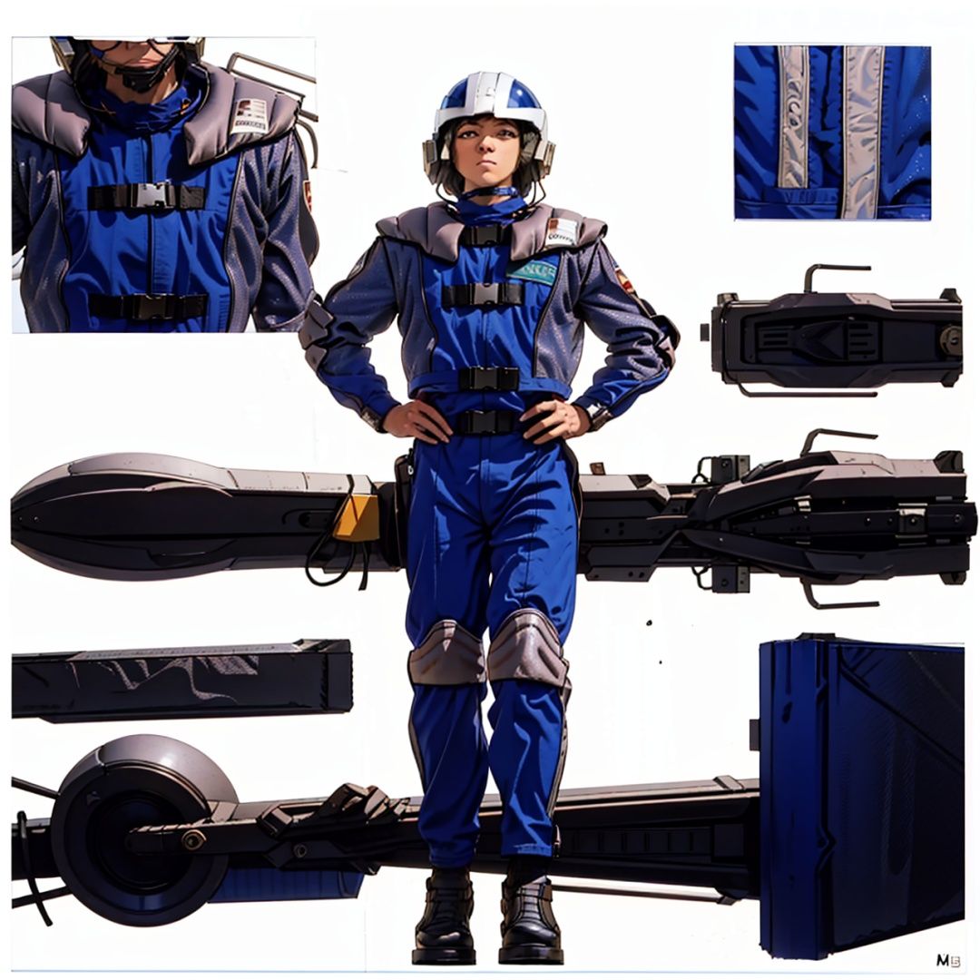 (masterpiece:1.3), (the best quality:1.2), (super fine illustrations:1.2), (Masterpiece), high quality, high detail,((white background:1.2)), looking at viewer, (SOLO:1.4),outline,,simple background,pilot suit, shoulder pads,blue jacket,blue pants,police uniform, clothes writing,gloves,helmet,uniform,armor,pants,logo,military uniform,emblem,boots,belt, pilot suit