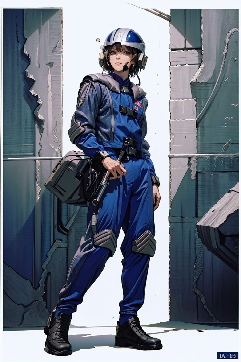  (masterpiece:1.3), (the best quality:1.2), (super fine illustrations:1.2), (Masterpiece), high quality, high detail,((white background:1.2)), looking at viewer, (SOLO:1.4),outline,,simple background,pilot suit, shoulder pads,blue jacket,blue pants,police uniform, clothes writing,gloves,helmet,uniform,armor,pants,logo,military uniform,emblem,boots,belt, pilot suit