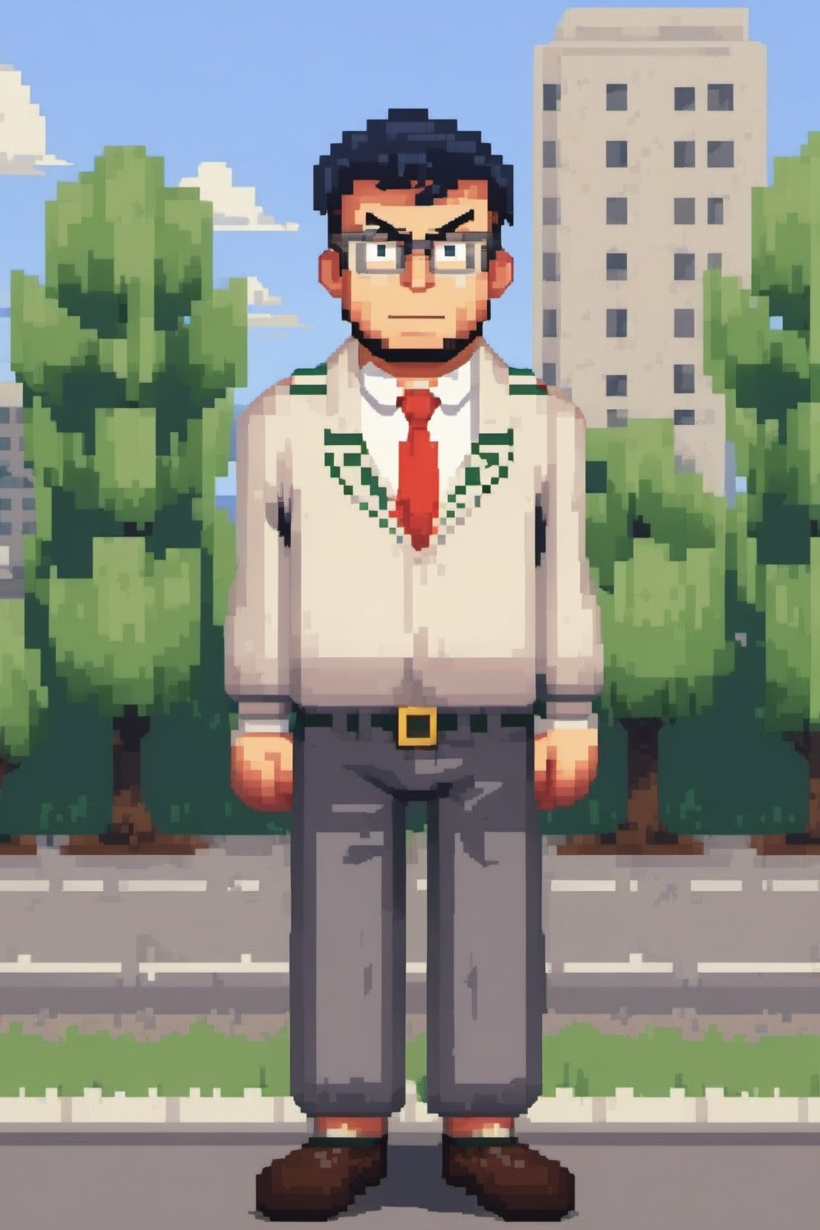 Pixel style image of full body tenxiida character,  serious male,  wearing glasses on Tensor.Art