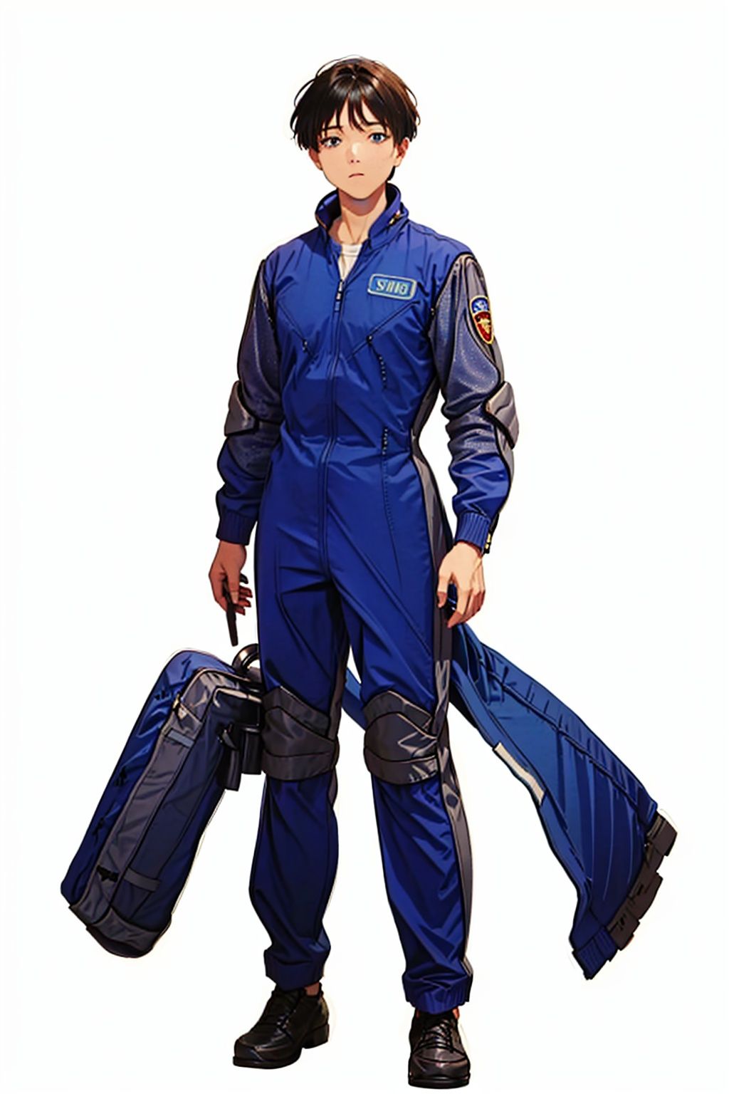 (masterpiece:1.3), (the best quality:1.2), (super fine illustrations:1.2), (Masterpiece), high quality, high detail,((white background:1.2)), looking at viewer, (SOLO:1.4),outline,,simple background,jewelry, figure, clothes writing,logo,military uniform,emblem,blue jacket,blue pants,pants,belt,uniform,police uniform,jacket, jewelry