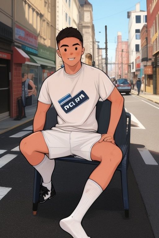 2boy,masterpiece,best quality,male focus, bust,looking at viewer, street,full_body,smile,white socks,short sleeve